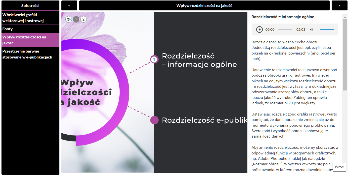 Grafika przedstawia przykładową planszę z planszy interaktywnej  ,,Przygotowanie publikacji elektronicznych''. Po lewej stronie widoczne jest menu z tytułami poszczególnych plansz. U góry widoczny jest pasek ze strzałkami w prawo i w lewo do przesuwania plansz. Pośrodku widoczna jest treść i grafiki planszy. Po lewej widoczny jest panel z tekstem i pasek odtwarzania lektora.