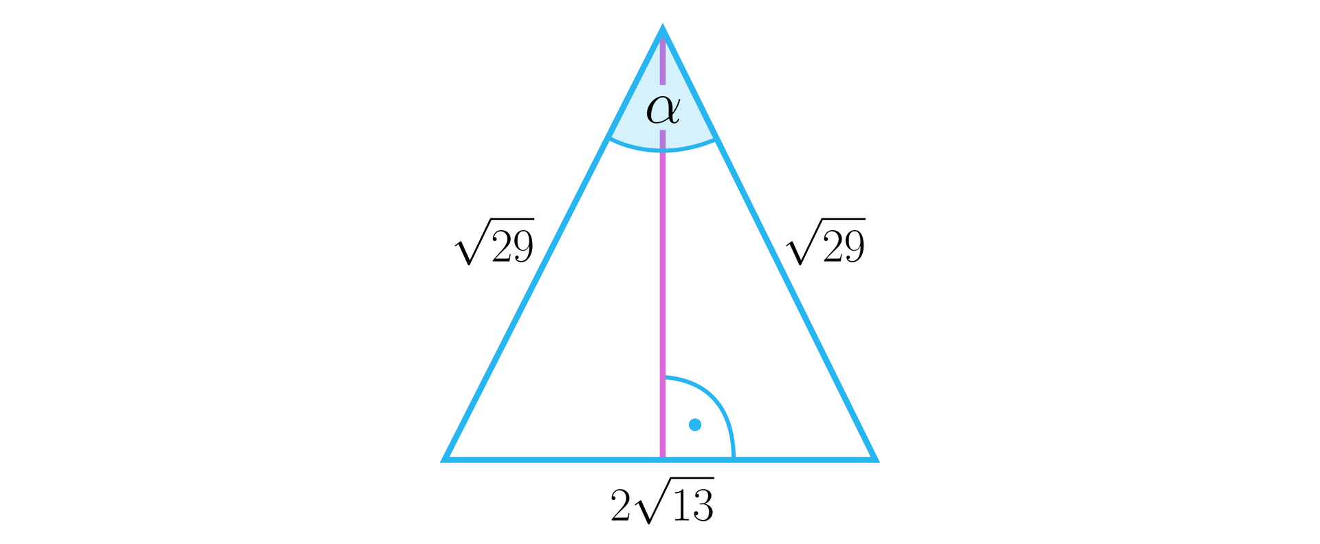 Na ilustracji przedstawiono trójkąt równoramienny ABC, o ramionach długości 29, oraz podstawie AB równej 213. Zaznaczono wysokość trójkąta, oraz kąt alfa przy wierzchołku C.