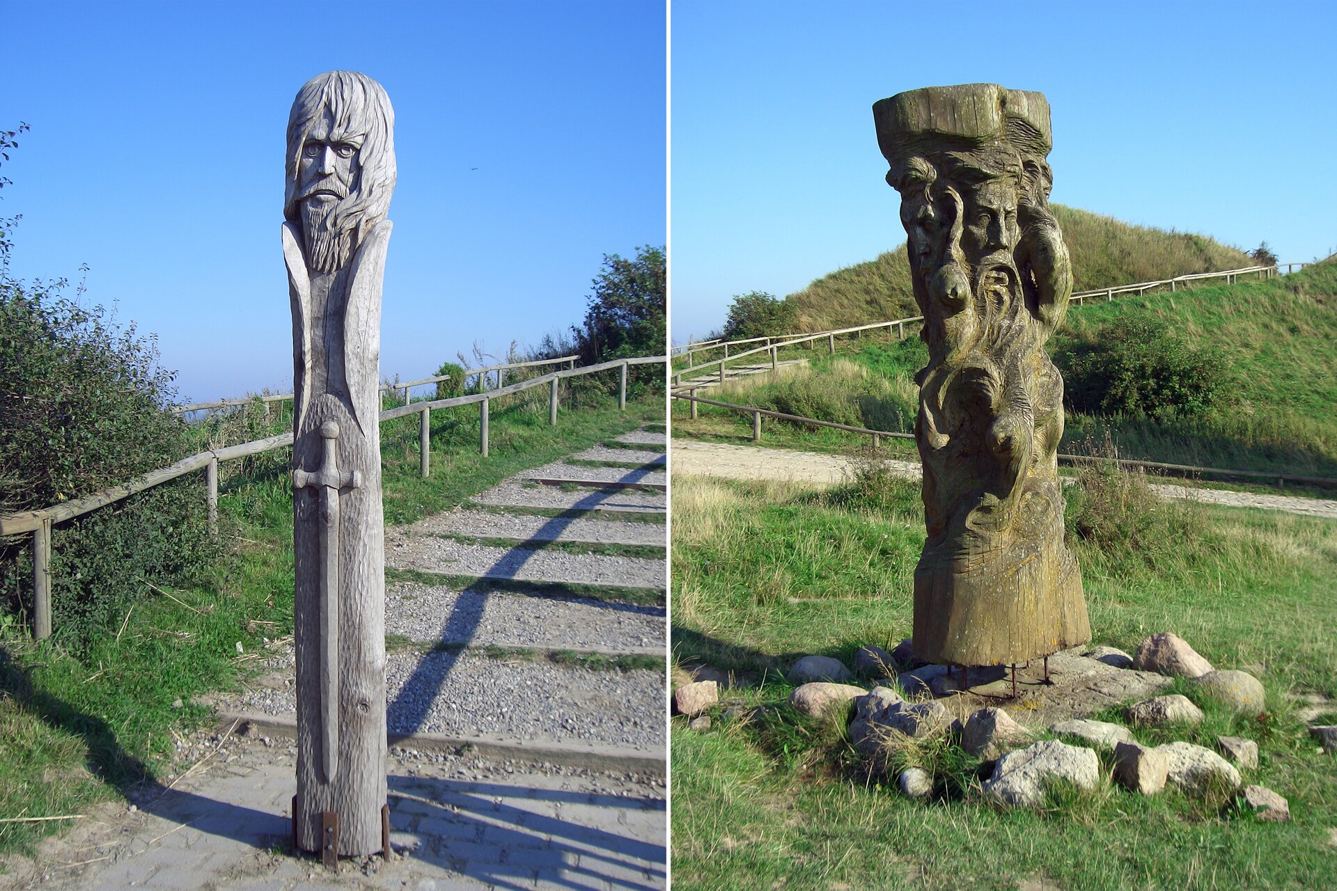Na zdjęciu drewniane rzeźby stojące na wyspie Arkona. Na pierwszej części schody, a na środku nich drewniany słup z wykutą brodatą głową oraz mieczem. Na drugim drewniany słup z twarzami w każdą stronę umieszczony na trawie przy krętej ścieżce prowadzącej na wzgórze. Wokół słupa ułożone są kamienie. 