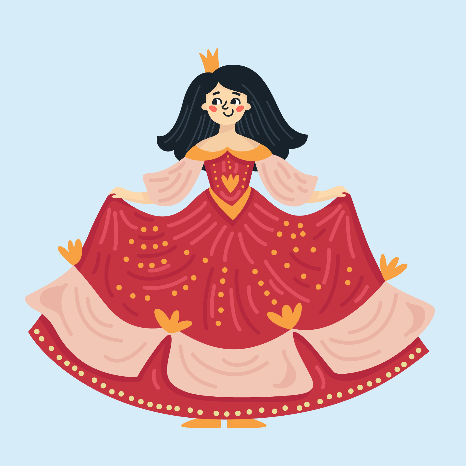 Ilustracja przedstawia wizerunek księżniczki w długiej czerwonej sukni w złote zdobienia i z koroną na głowie. 