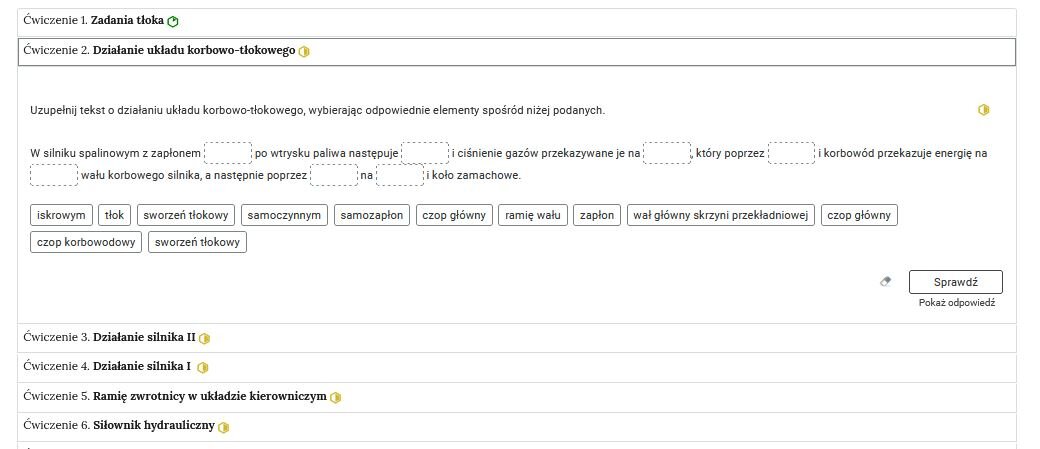 Zdjęcie przedstawia otwartą zakładkę z przykładowym zadaniem. Pod nazwą zakładki znajduje się polecenie. Pod poleceniem widać treść zadania z odpowiedziami do wyboru. Po prawej stronie polecenia widać żółty sześciokąt. Poniżej zadania, po prawej stronie panelu znajduje się ikona sprawdź. Po jej lewej stronie widać symbol gumki. Poniżej przycisku sprawdź znajduje się napis pokaż odpowiedź.