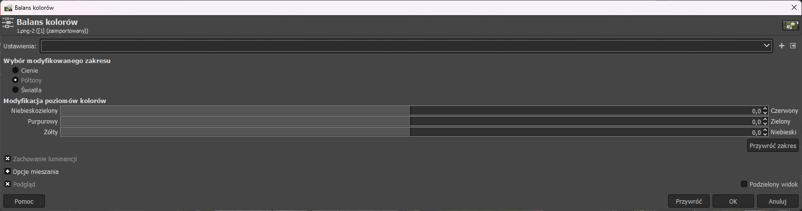 Na zdjęciu przedstawiono okno dialogowe balans kolorów.W górnej części okna znajduje się napis: balans kolorów, pod którym widoczny jest tekst: jeden png kreska dwa zaimportowany. Pod informacją znajduje się rozwijalne pole wyboru z etykietą: ustawienia. Wybór dokonuje się poprzez naciśnięcie symbolu  trójkąta widocznego na końcu okna. Za polem znajduje się symbol plusa oraz kwadratu z wpisanym trójkątem.Niżej widoczny jest napis: wybór modyfikowanego zakresu. Pod nim znajdują się trzy pola wyboru: cienie, półtony, światła. Pole półtony jest zaznaczone.Niżej widoczny jest napis: modyfikacja poziomów koloru. W sekcji tej znajdują się trzy pola opisane jako: niebieskozielony, purpurowy, żółty. Pola są w formie podłużnego poziomego prostokąta z przesuwnym suwakiem który dopasowuje poziom. Na końcu pola znajduje się wartość liczbowa. W przypadku wszystkich pól jest to zero przecinek zero. Wartość można dopasować poprzez strzałkę górną i dolną znajdującą się za liczbą. Za strzałką widoczne są napisy: czerwony, zielony, niebieski.W lewym dolnym rogu okna aplikacji znajdują się symbole i napisy: symbol iksa z etykietą zachowanie luminacji, symbol plusa z etykieta opcje mieszania, symbol iksa z etykietą podgląd. Pod nimi widoczny jest przycisk: pomoc.W prawym dolnym rogu znajduje się pole do zaznaczenia opisane jako: podzielony widok. Pole nie jest zaznaczone. Poniżej umieszczone są przyciski: przywróć, ok, anuluj.