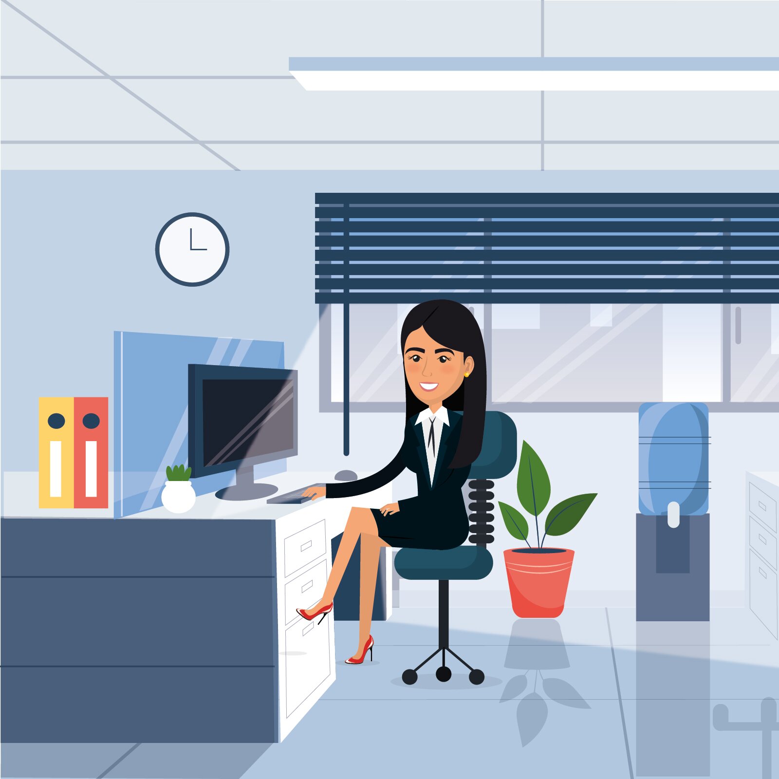 Ilustracja przedstawia sekretarkę siedzącą na krześle obrotowym przed biurkiem. Sekretarka ubrana jest w czarną sukienkę, spod której wystaje biała koszula, a na nogach ma czerwone szpilki. Na biurku stoi monitor, klawiatura, myszka oraz kwiatek. Biurko zostało w połowie odgrodzone szybą. Za szybą stoją segregatory. W tle widać duże okno, kwiatek doniczkowy oraz dystrybutor na wodę. Na ścianie wisi zegar, wskazujący godzinę trzecią.