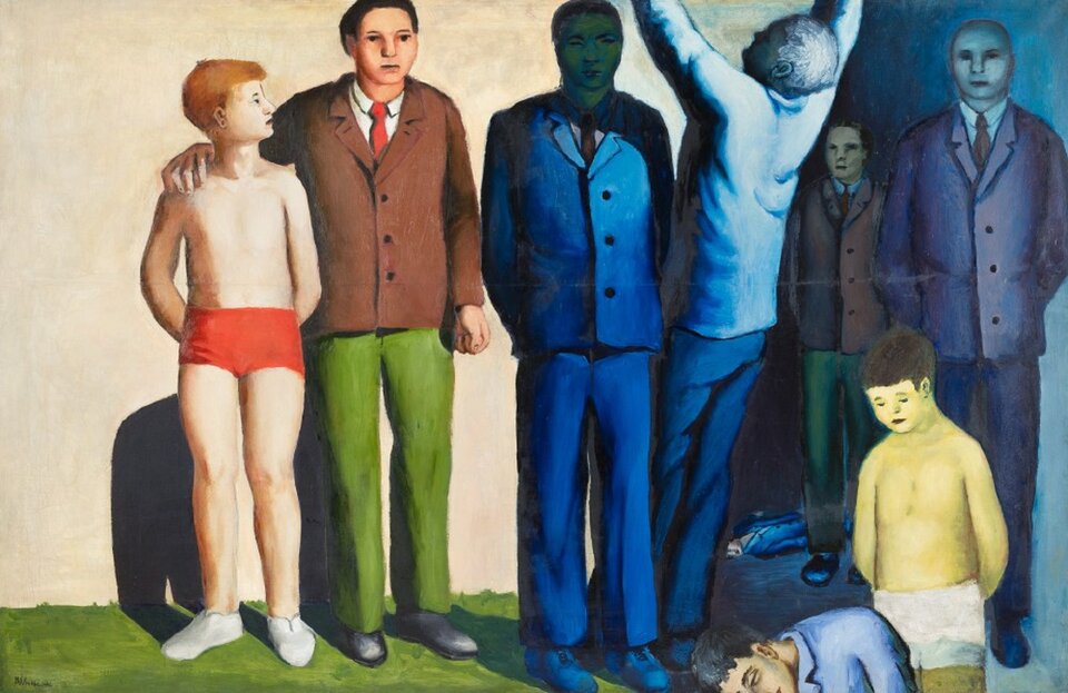 Ilustracja przedstawia obraz Andrzeja Wróblewskiego „ Rozstrzelanie I (Rozstrzeliwanie zakładników)” o kształcie poziomego prostokąta. Ukazuje osiem osób na tle ściany budynku. Od lewej stoi chłopiec i mężczyzna. Chłopiec ma na sobie czerwone spodenki i białe buty. Patrzy na mężczyznę, który obejmuje go ramieniem. Mężczyzna ma brązową marynarkę, zielone spodnie i białą koszulę z czerwonym krawatem. Dalej stoi mężczyzna namalowany cały na niebiesko z rękoma założonymi za siebie, odchylony do tyłu. Kolejna postać, także cała w niebiesko‑błękitnych kolorach, przedstawiona jest tyłem i ma ręce uniesione do góry. Dalej, za rogiem budynku, w niebieskim cieniu, stoi chłopiec w fioletowej marynarce i zielonych spodniach, a obok mężczyzna w garniturze – cały w odcieniach koloru niebieskiego. Przed nimi, z przodu ukazany jest fragment upadającego mężczyzny, nad którym stoi chłopiec z pochyloną głową, ubrany jedynie w białe spodenki. Chłopiec ma smutną minę.