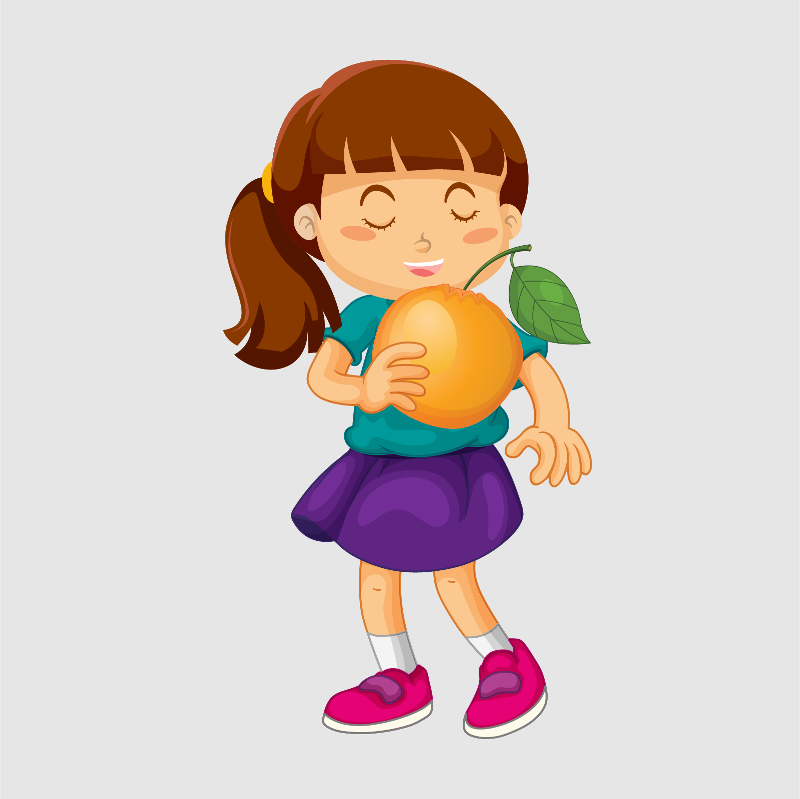 Ilustracja przedstawia dziewczynkę trzymającą pomarańczę. Dziewczynka ma zamknięte oczy, i wącha owoc.