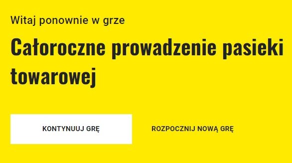 Grafika przedstawia widok ekranu gry umożliwiającego kontynuacje lub wybór nowej gry. Jest to żółta plansza, na której umieszczono napis: Witaj ponownie w grze „Całoroczne prowadzenie pasieki towarowej”. Poniżej znajdują się dwa przyciski. Pierwszy przycisk to: Kontynuuj grę. Drugi przycisk to: Rozpocznij nową grę.