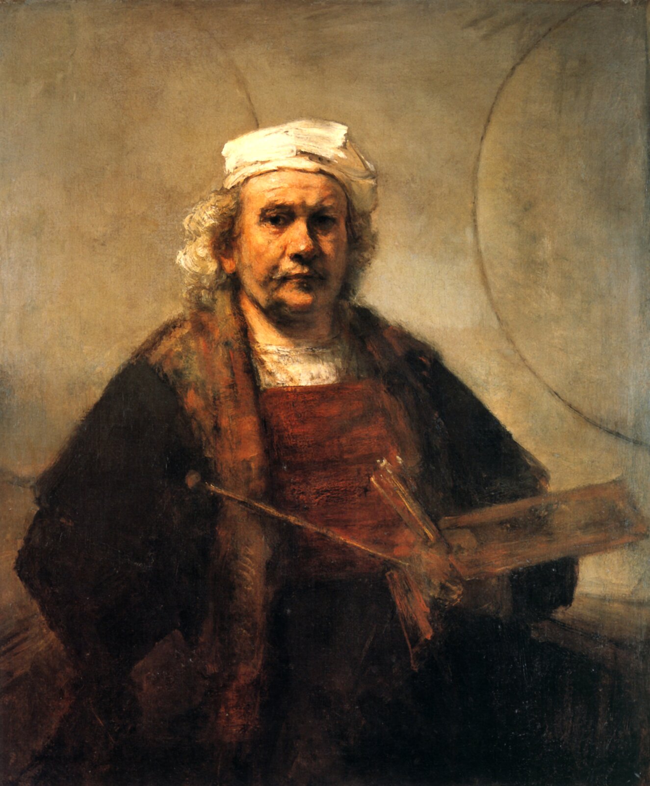 Ilustracja przedstawia "Autoportret z dwoma kołami" Rembrandta. Ukazuje malarza w podeszłym wieku na tle szarej ściany, z dwoma wyrysowanymi fragmentami kół. Postać została przedstawiona w swojej pracowni w ubiorze roboczym z narzuconym na niego płaszczem oraz białą czapką. W lewej dłoni trzyma paletę, pędzle i laskę malarską.