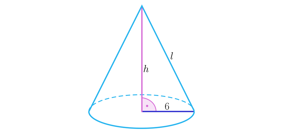 Ilustracja przedstawia stożek o promieniu 6, jego wysokość została podpisana literą h, a krawędź boczna została podpisana literą l. 