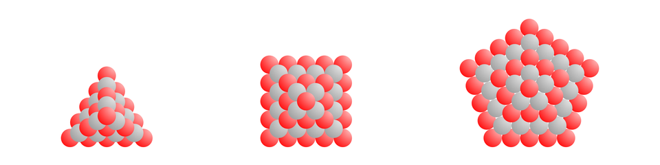 Rysunek  przedstawia trzy interpretacje liczb piramidalnych zbudowanych z naprzemiennie ułożonych warstw kulek szarych i czerwonych. Mamy tutaj kolejno od lewej liczbę piramidalną przedstawioną za pomocą kul układających się w czworościan. Następnie liczbę piramidalną przedstawioną za pomocą kul układających się w kształt ostrosłupa prawidłowego czworokątnego. Ostania w przykładzie liczba piramidalna przedstawiona jest za pomocą kul układających się w kształt ostrosłupa prawidłowego pięciokątnego.