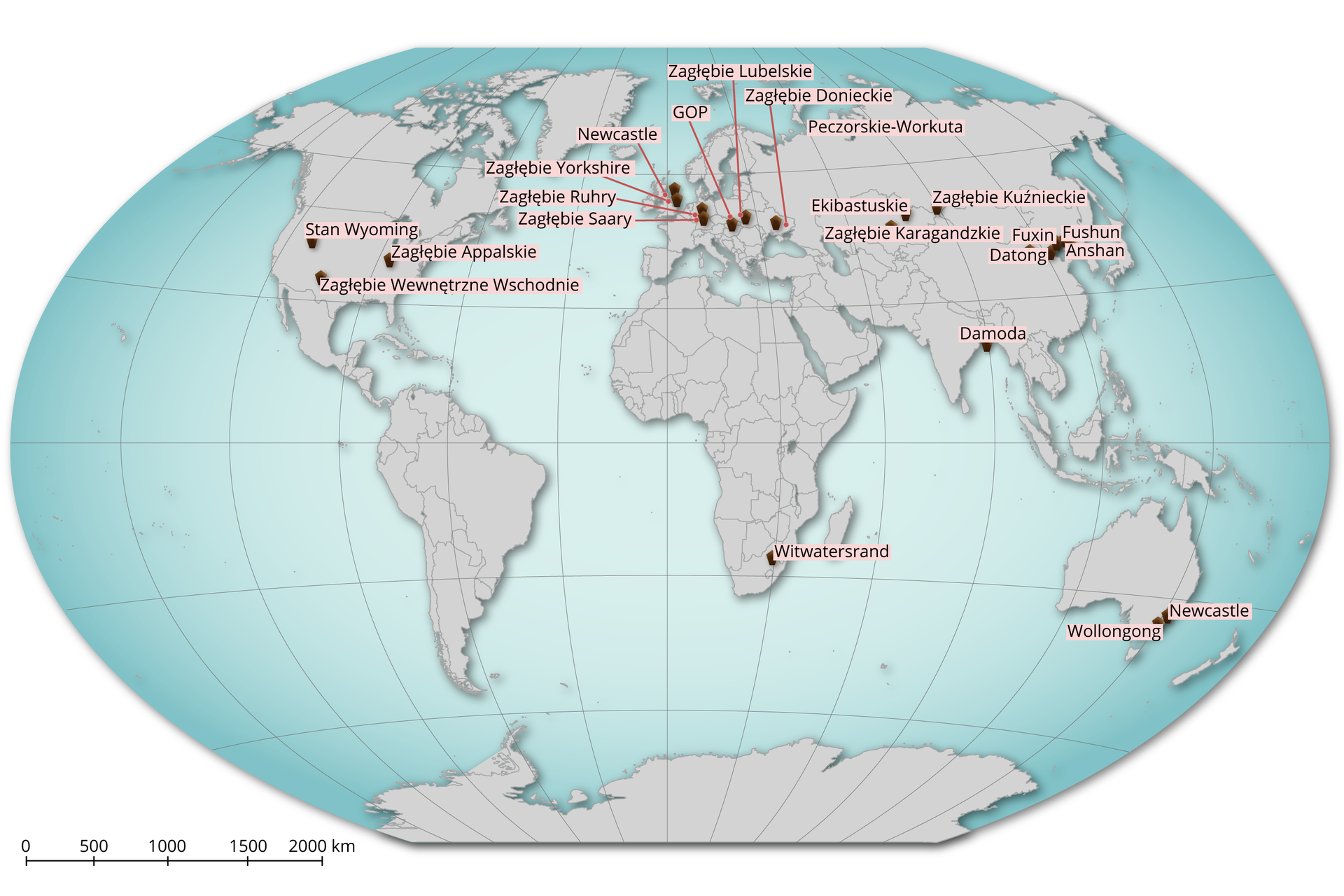 Mapa przedstawia obszary wydobycia węgla kamiennego na świecie. Są to: Stan Wyoming, Zagłębie Appalskie, Zagłębie Wewnętrzne Wschodnie, Zagłębie Saary, Zagłębie Ruhry, Zagłębie Yorkshire, Newcastle, GOP, Zagłębie Lubelskie, Zagłębie Donieckie, Peczorskie‑Workuta, Ekibastuskie, Zagłębie Kuźnieckie, Zagłębie Karagandzkie, Fuxin, Fuszun, Datong, Anszan, Damoda, Witwatersrand, Newcastle, Wollongong.