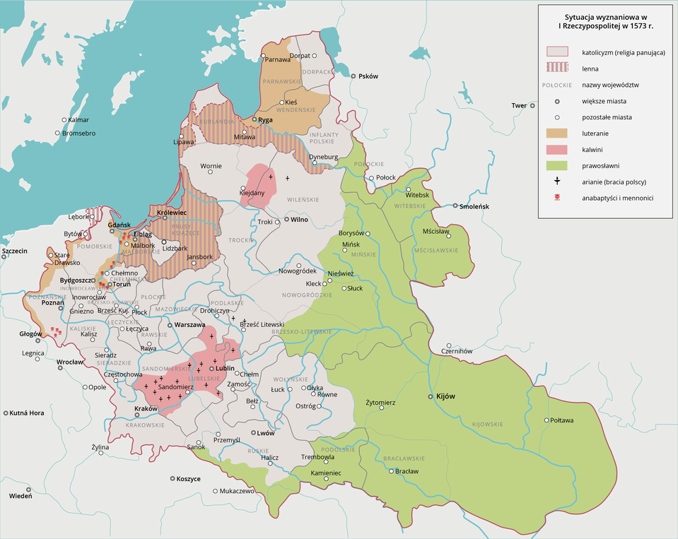 Mapa przedstawia sytuację wyznaniową w I Rzeczypospolitej w 1573 roku w Europie. Zaznaczono kolorami tereny, na których przewagę mają poszczególne religie, kolejno: prawosławni: Witebsk, Borysów, Mińsk, Mścisław, Nieśwież, Słuck, Żytomierz, Kijów, Połtawa, Bracław, Trembowla, Kamieniec; luteranie – Parnawa, Kieś, Ryga; kalwini – Kiejdany, Lublin, Sandomierz; katolicyzm (religia panująca) – Bydgoszcz, Poznań, Częstochowa, Kraków, Sanok, Przemyśl, Lwów, Ostróg, Chełm, Nowogródek, Wilno, Warszawa, Płock, Toruń, Inowrocław. 