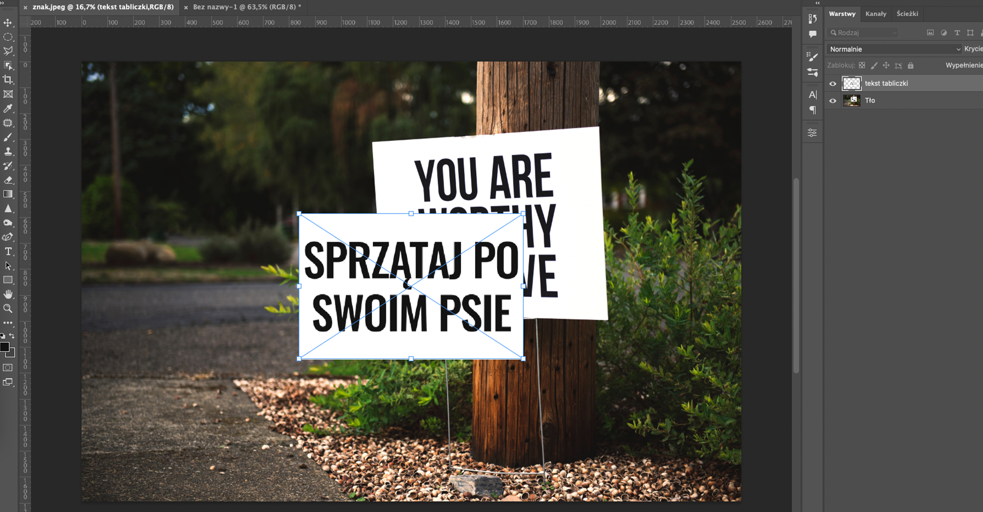 Ilustracja przedstawia okno programu. W obszarze roboczym jest zdjęcie przedstawiające białą tablicę stojącą na skwerze. Na tablicy napis: You are worthy of love. Tablica stoi przy drewnianym pniu. W tle są niskie zielone krzewy i drzewa. Na tle tablicy jest poziomy biały prostokąt z napisem: SPRZĄTAJ PO SWOIM PSIE. Prostokąt jest otoczony ramką, przez prostokąt przechodzą przekątne. Prostokąt cześciowo zasłania oryginalną tablicę. Po prawej stronie jest panel dotyczący wartości oraz warstw. Wybrano warstwę o nazwie: tekst tabliczki.  