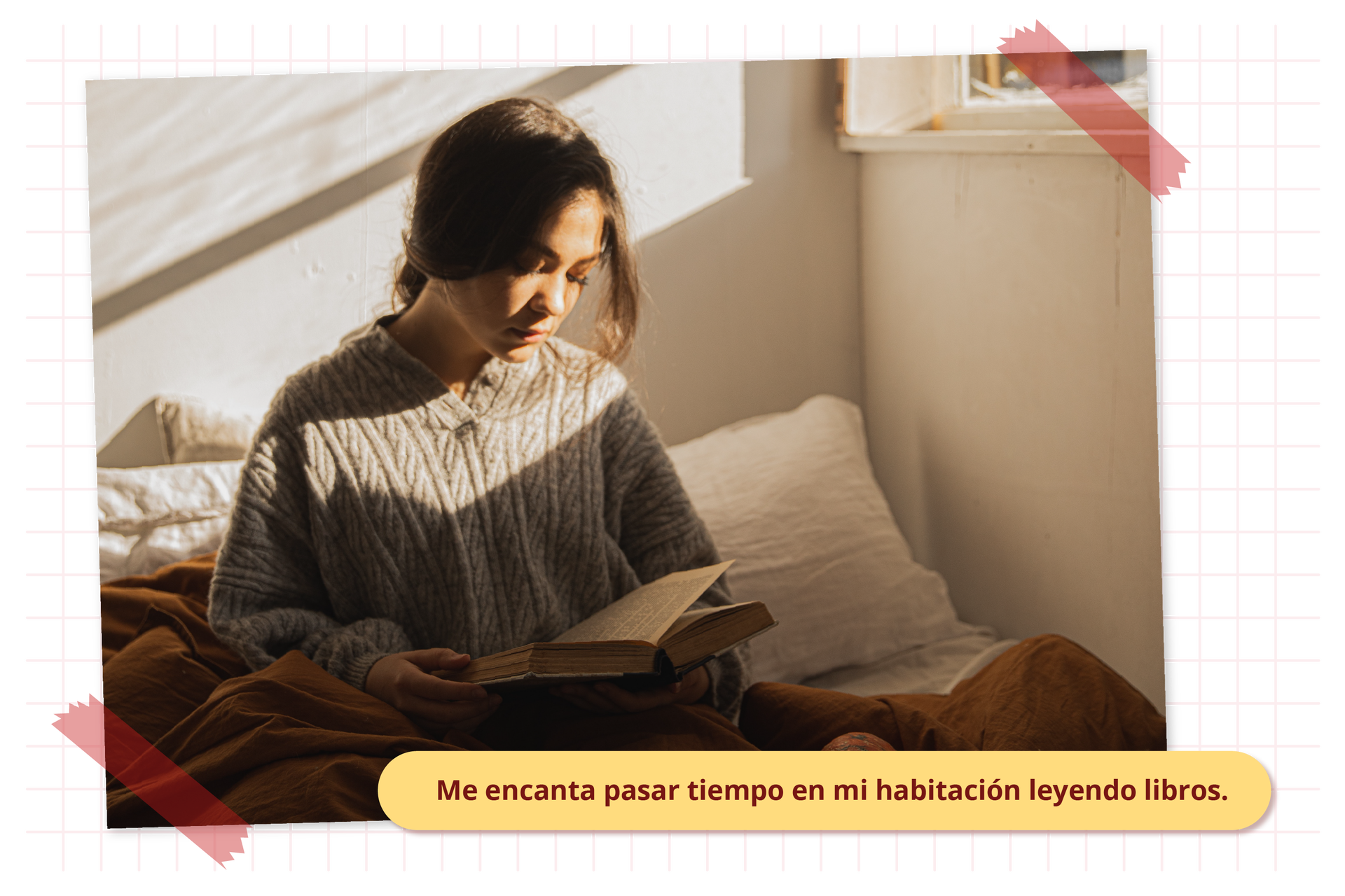 Na obrazku dziewczyna czytająca książkę. Podpis: Me encanta pasar tiempo en mi habitación leyendo libron 