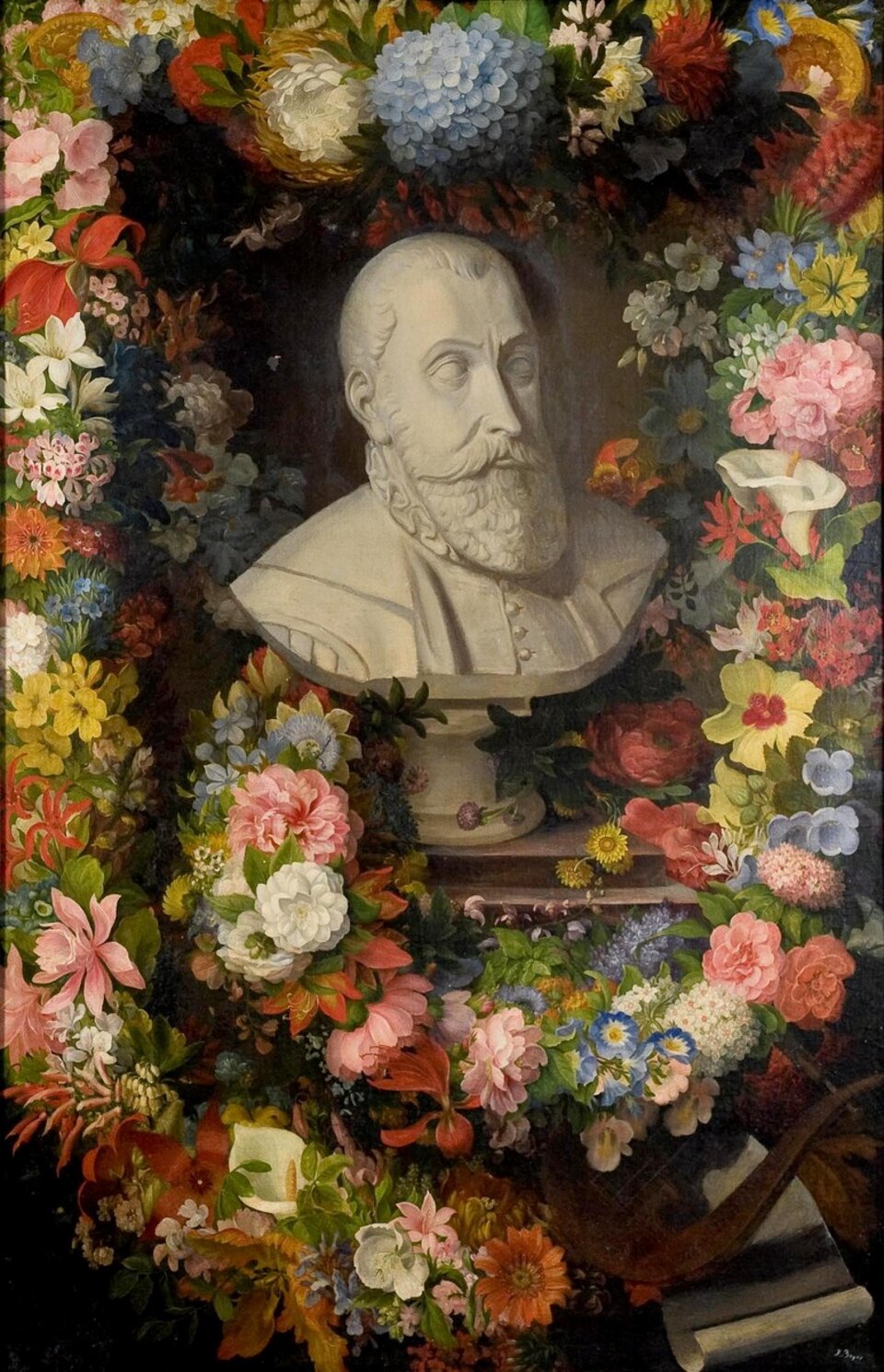 Na ilustracji rzeźba popiersia mężczyzny. Mężczyzna ma krótkie włosy, bujną, przytrzyżoną brodę z wąsami. Rzeźbę oplata wieniec z kolorowych kwiatów. W prawym dolnym rogu, ledwie widoczna, ukryta wśród kwiatów lira i arkusz papieru.