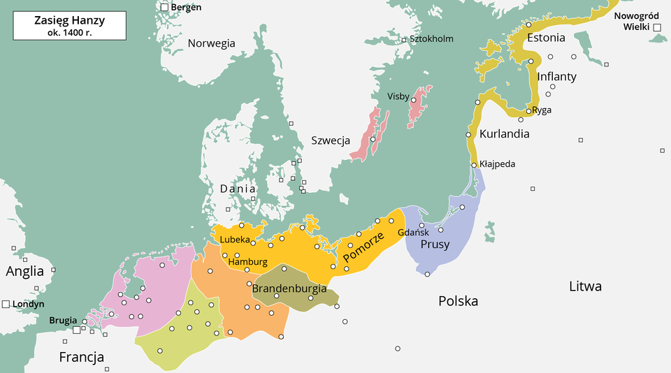Mapa przedstawia zasięg Hanzy około 1400 roku. Obejmowała ona część Belgi na północny wschód od miasta Brugia oraz dalsze tereny. Hanza obejmowała też Niemcy z miastami Hamburg i Lubeka oraz Brandenburgię. Ponadto obejmowała ona pas wybrzeża nad Morzem Bałtyckim z Pomorzem, Gdańskiem, Kłajpedą, Kurlandią, Rygą, Estonią oraz część wschodniego wybrzeża Szwecji.