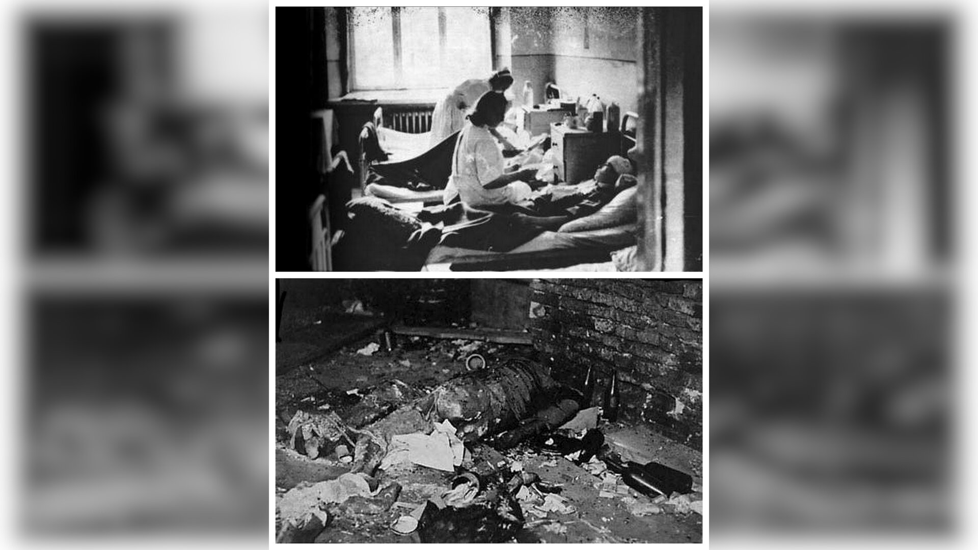 Dwa zdjęcia. Na górnym zdjęciu ukazana jest sala szpitalna. Dwa łóżka z chorymi, przy których siedzą pielęgniarki. Na dolnym zdjęciu ukazane jest wnętrze piwnicy. Fragment muru, na ziemi porozrzucane rzeczy, papiery, butelki.