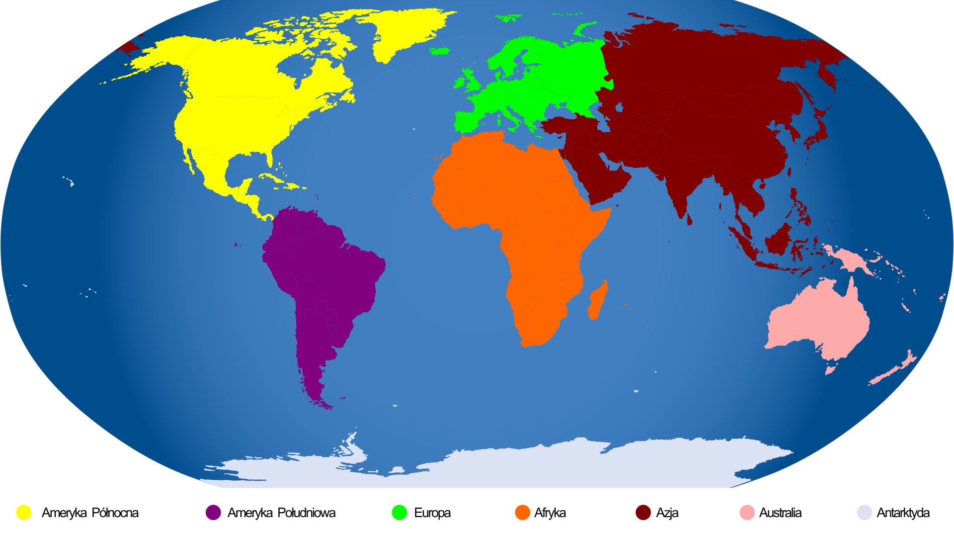 Ilustracja przedstawia eliptyczny schemat Ziemi z zaznaczonymi różnymi kolorami siedmioma kontynentami. W centralnej części znajduje się oznaczona na pomarańczowo Afryka. Nad nią znajduje się oznaczona na zielono Europa, a po prawej stronie oznaczona na bordowo Azja. W lewej górnej części elipsy znajduje się oznaczona na żółto Ameryka Północna, a pod nią oznaczona na fioletowo Ameryka Południowa. W prawym dolnym rogu znajduje się oznaczona na różowo Australia, a na samym dole elipsy znajduje się oznaczona na biało Antarktyda.