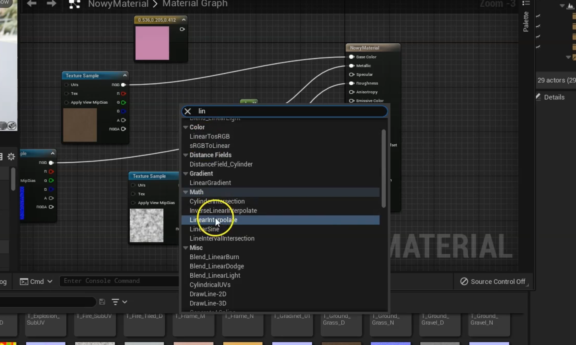 Ilustracja przedstawia okno programu. W obszarze okna są sekcje o nazwie Texture sample. Od opcji w sekcjach linie do sekcji NowyMateriał. Na tle sekcji jest wyświetlona lista, na której zaznaczono LinearInterpolate.
