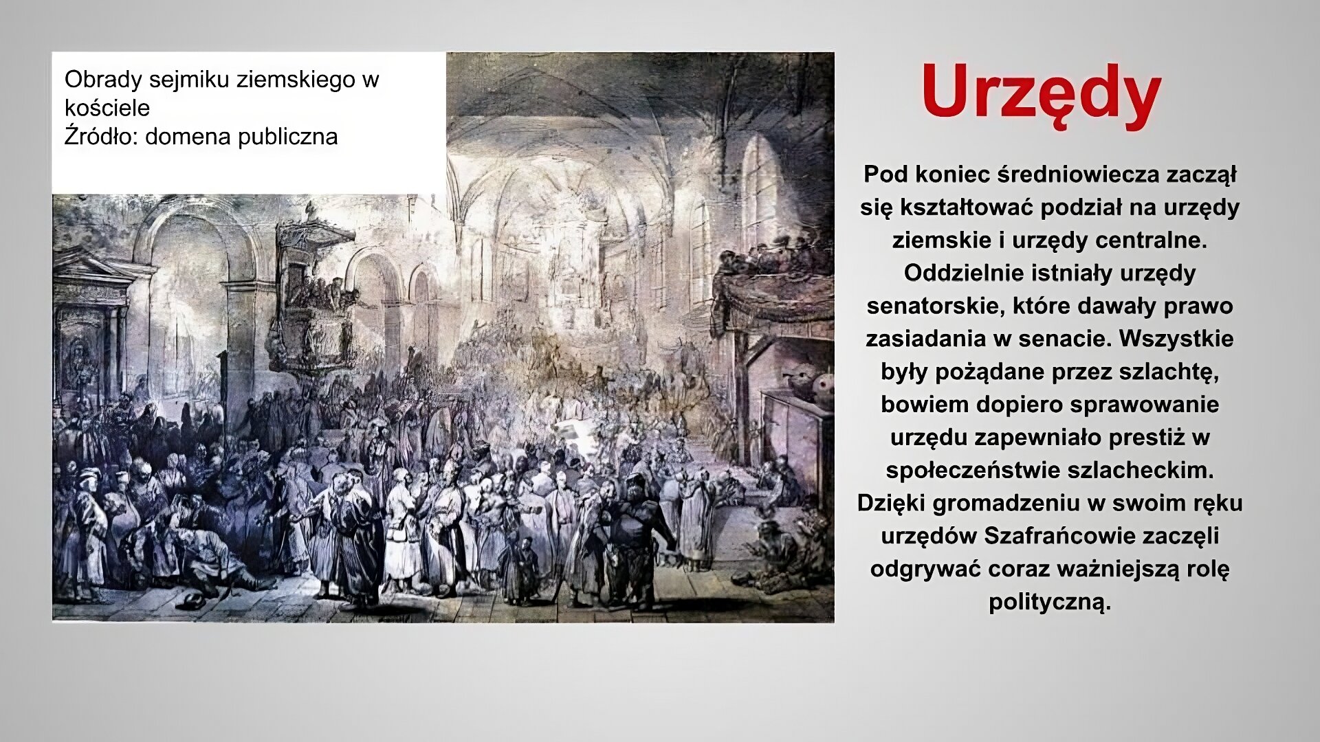 Slajd zatytułowany jest: Urzędy. Napis wykonany jest czerwonymi literami na szarym tle. Po prawej stronie znajduje się napis:  Pod koniec średniowiecza zaczął się kształtować podział na urzędy ziemskie i urzędy centralne. Oddzielnie istniały urzędy senatorskie, które dawały prawo zasiadania w senacie. Wszystkie były pożądane przez szlachtę, bowiem dopiero sprawowanie urzędu zapewniało prestiż w społeczeństwie szlacheckim. Dzięki gromadzeniu w swoim ręku urzędów Szafrańcowie zaczęli odgrywać coraz ważniejszą rolę polityczną. Napis wykonany jest czarnymi literami na szarym tle. Po lewej stronie znajduje się ilustracja przedstawiająca obrady sejmiku ziemskiego w kościele. Widoczna jest grupa szlachty tłocząca się we wnętrzu kościoła. Ilustracja podpisana jest: Obrady sejmiku ziemskiego w kościele.