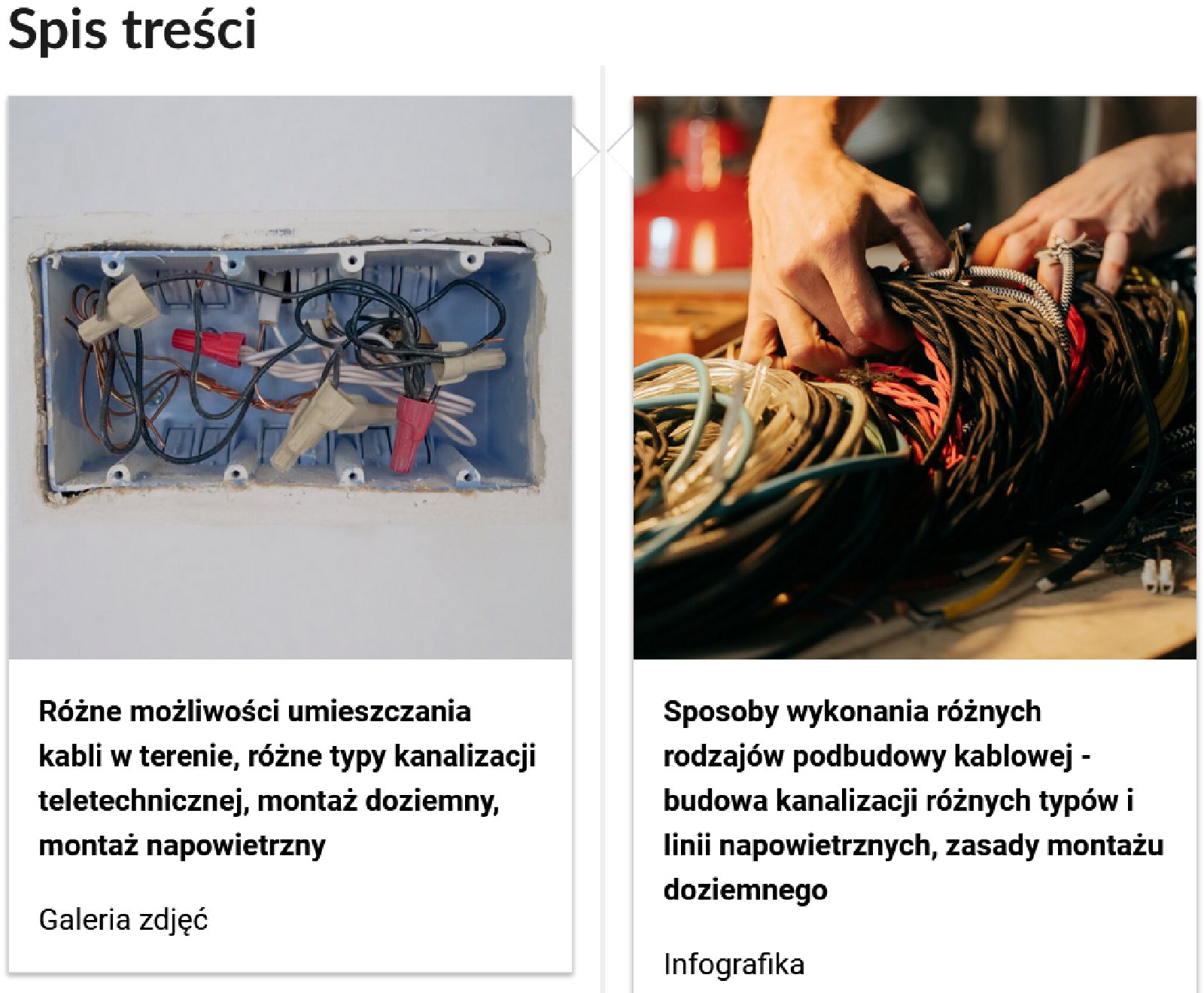 Grafika przedstawia dwa kafelki ze spisu treści. Są umiejscowione obok siebie. Pierwszy od lewej: Zdjęcie okładkowe, poniżej napis: Różne możliwości umieszczania kabli w terenie, różne typy kanalizacji teletechnicznej, montaż doziemny, montaż napowietrzny. Niżej napis: Galeria zdjęć. Drugi: zdjęcie odkładkowe, poniżej tytuł: Sposoby wykonania różnych rodzajów podbudowy kablowej - budowa kanalizacji różnych typów i linii napowietrznych, zasady montażu doziemnego; niżej: Infografika.