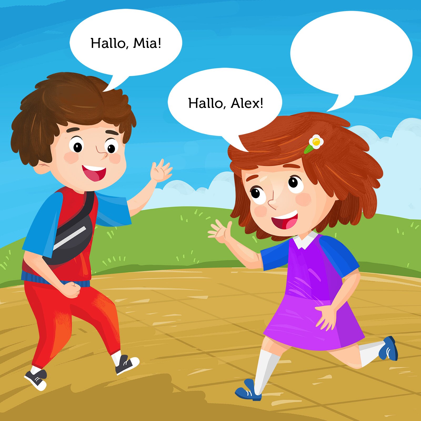 Ilustracja przedstawia chłopca i dziewczynkę, którzy rozmawiają. Chłopiec mówi: Hallo, Mia! Dziewczynka odpowiada: Hallo, Alex! Obok widoczny jest pusty dymek dialogowy. 
