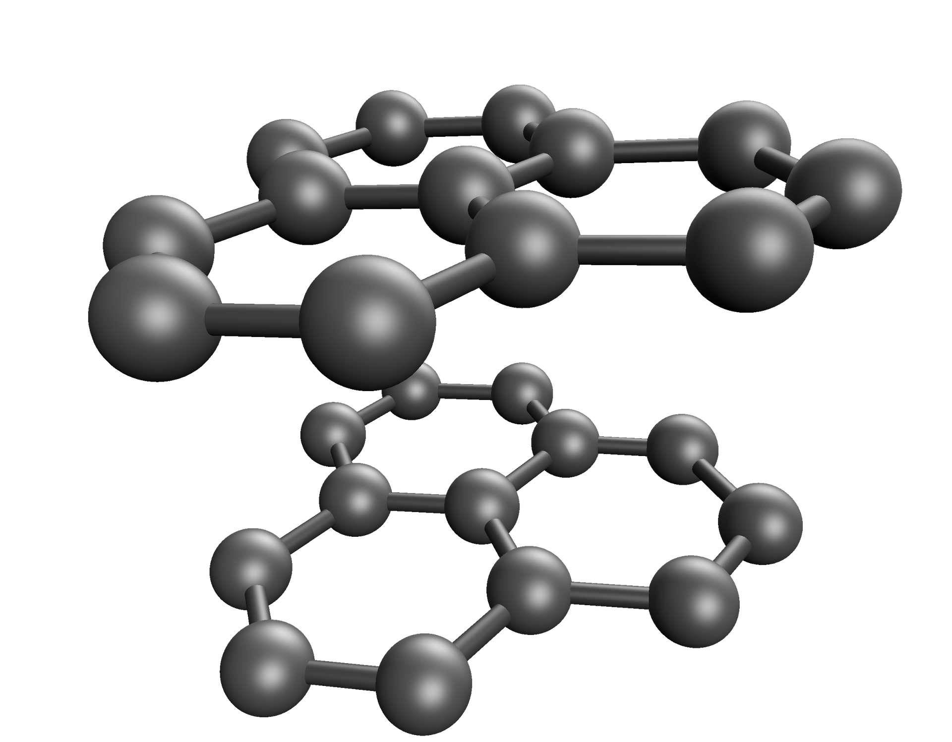 Ilustracja przedstawiająca strukturę grafitu. Struktura grafitu składa się z warstw, w których występują sześcioczłonowe aromatyczne układy cykliczne. Na ilustracji są dwie warstwy. Każdy atom węgla w danej warstwie łączy się trzema innymi atomami węgla w tej samej warstwie.