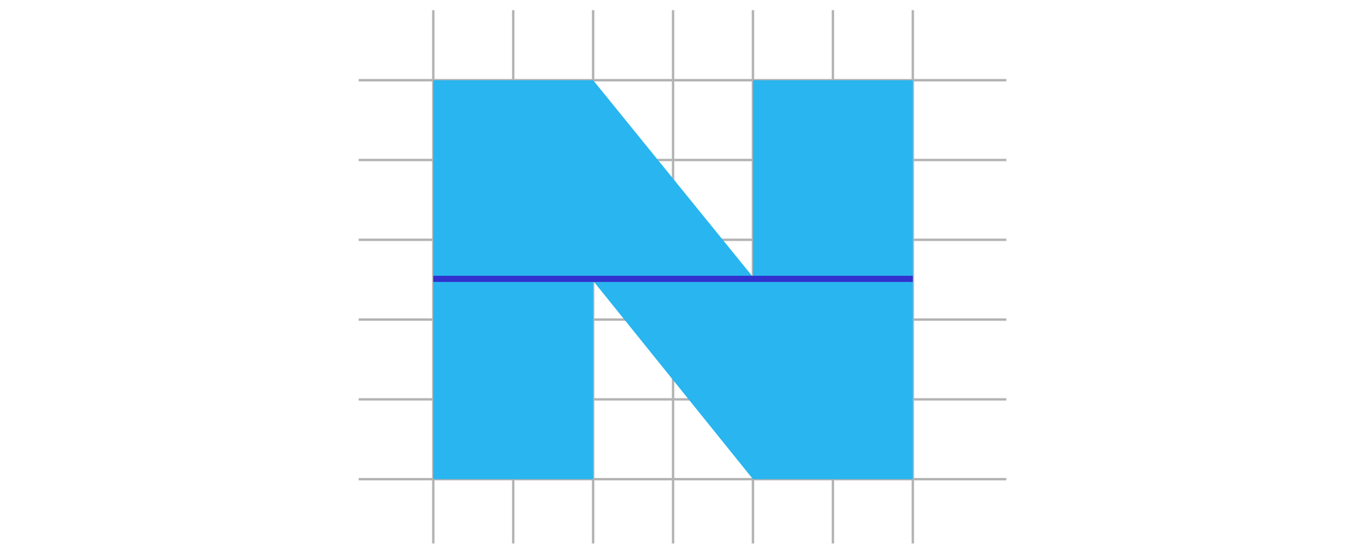 Ilustracja przedstawia literę N zbudowaną z czworokątów. Pozioma linia dzieli ją na dwie figury, dwa trapezy prostokątne oraz dwa kwadraty