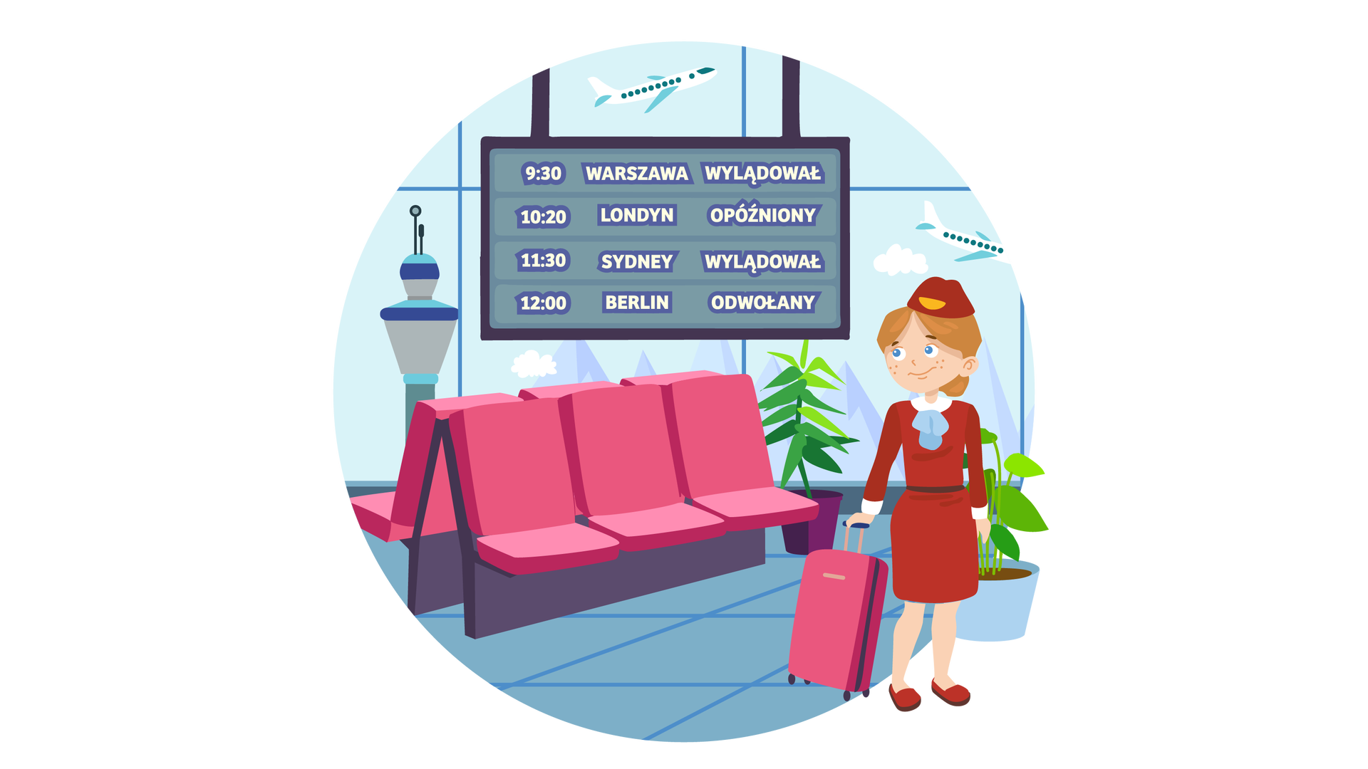 Ilustracja przedstawia wnętrze lotniska. W tle widać za oknami zarys gór i dwa samoloty lecące po błękitnym niebie. Po lewej stronie jest wysoka wieża kontroli lotów. Wewnątrz pomieszczenia znajdują się dwa rzędy różowych krzeseł, złączonych ze sobą po trzy, ustawionych tyłem do siebie. Obok nich stoją dwie zielone rośliny w donicach. Nad krzesłami wisi tablica, na której są informacje dotyczące przylotów: „9:30, Warszawa, wylądował; 10:20, Londyn, opóźniony; 11:30, Sydney, wylądował; 12:00, Berlin, odwołany”. Na pierwszym planie, po prawej stronie ilustracji, stoi kobieta. Ma upięte z tyłu głowy blond włosy. Jest ubrana w uniform, składający się z czerwonej czapki ze złotym znaczkiem, białej koszuli z kołnierzykiem, błękitnej apaszki, czerwonej marynarki, czerwonej spódnicy do kolan i czerwonych butów. To stewardesa. Kobieta w prawej ręce trzyma uchwyt od różowej walizki na kółkach, którą ciągnie za sobą.