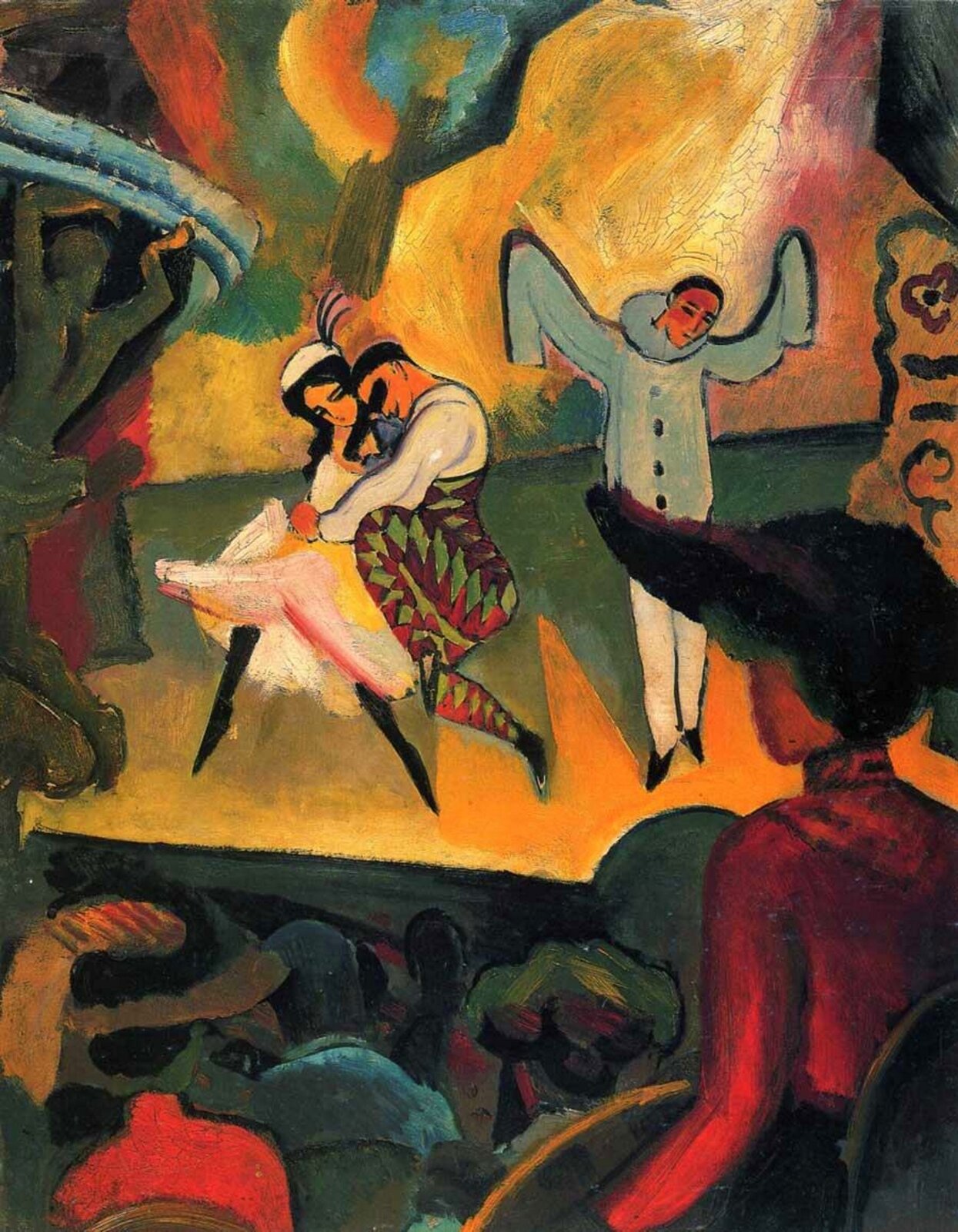 Obraz przedstawia scenę z baletu rosyjskiego oraz widzów. Na scenie ukazane są trzy postacie. Kobieta tańczącą z mężczyzną, a po prawej stronie mężczyzna ubrany w niebieski strój.