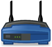 Ilustracja przedstawia ruter z dwoma antenami i ledami.