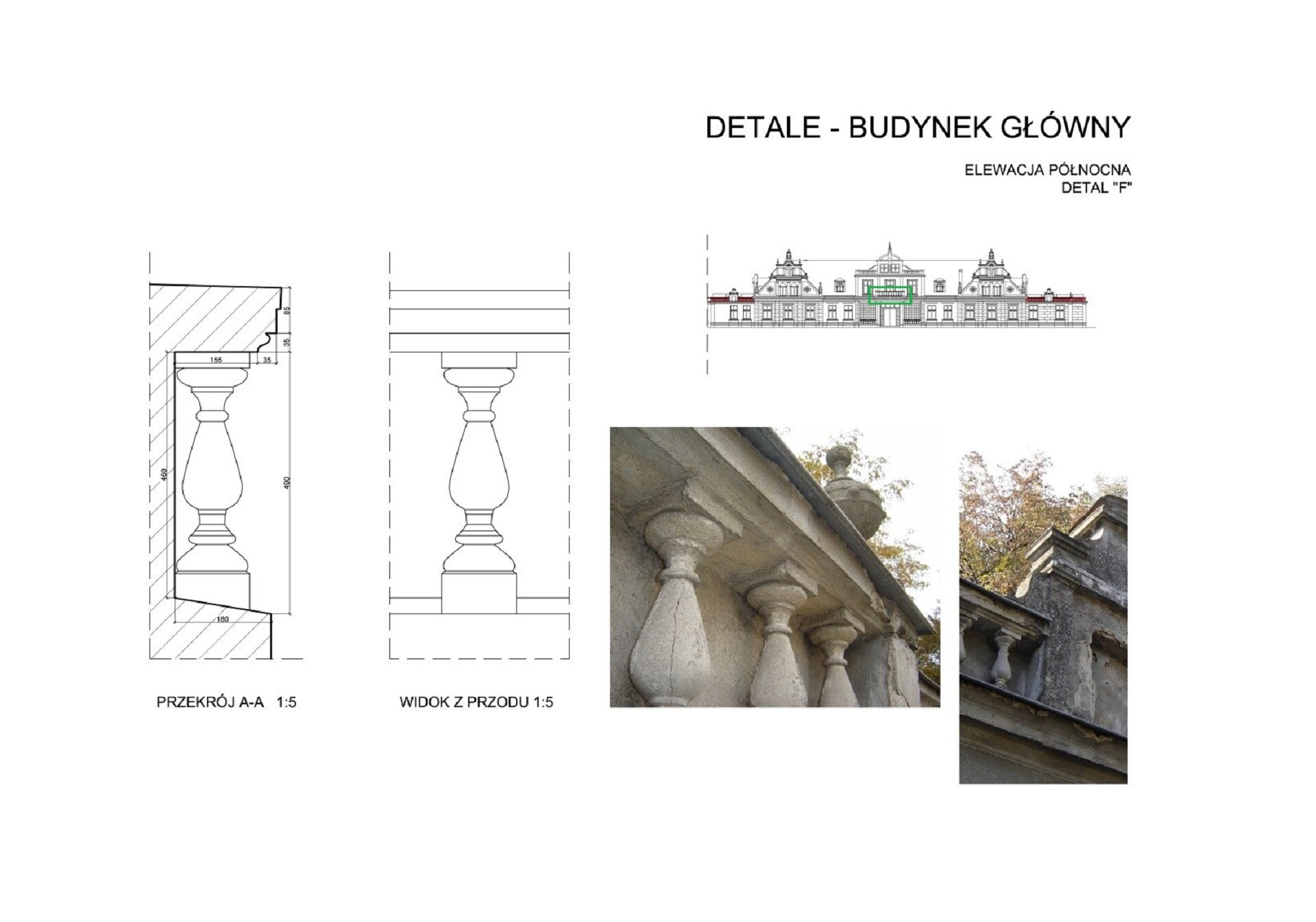 Ilustracja przedstawia rysunek techniczny autorstwa Aleksandry Truchel‑Tredel. Grafika składa się z trzech rysunków oraz dwóch zdjęć. Po lewej stronie znajdują cię dwa rysunki. Pierwszy jest to przekrój tralki oraz ściany wraz z gzymsem i podstawą, w której tralka została zamontowana. Na rysunku zostało umieszczone wymiarowanie oraz podpis „PRZEKRÓJ A.A 1:5”. Następny rysunek ukazuje tralkę z gzymsem i podstawą z przodu – podpisany jest: „WIDOK Z PRZODU 1:5”. Po prawej stronie grafiki, u góry znajduje się opis: „DETALE- BUDYNEK GŁÓWNY”, „ELEWACJA PÓŁNOCNA”, „DETAL F”. Poniżej mieści się mała czarno‑biała grafika, przedstawiająca długą elewację zabytkowego budynku, pod którą widnieją dwa zdjęcia, ukazujące umiejscowienie tralek w elementach architektonicznych ścian.