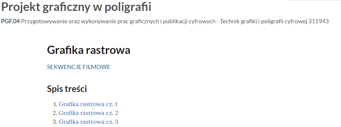 Grafika przedstawia widok spisu treści sekwencji filmowych zatytułowanych Grafika rastrowa