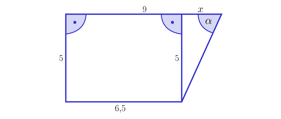 Ilustracja przedstawia trapez prostokątny. Górna podstawa ma długość 9, dolna podstawa ma długość 6,5, lewy bok i wysokość figury mają długość pięć. Prawy ukośny bok jest nachylony do górnej podstawy pod kątem ostrym alfa. Prawy bok wraz z wysokością i kawałkiem górnej podstawy o długości x tworzą  trójkąt prostokątny.