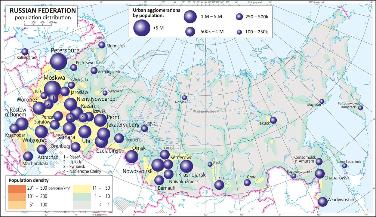 Ilustracja przedstawia mapę Federacji Rosyjskiej. Na mapie przedstawiono rozmieszczenie ludności.  Przedstawiono obszary, na których gęstość zaludnienia wynosi poniżej jednej osoby na kilometr kwadratowy (centrum kraju, północ i wschód). Oznaczono obszary, na których gęstość zaludnienia wynosi od jednej do dziesięciu osób na kilometr kwadratowy (głównie w dolinach rzek). Oznaczono gęstość od jedenastu do pięćdziesięciu osób na kilometr kwadratowy, która występuje na zachodzie i południu kraju. Tam też są nieliczne obszary przedstawione kolorem pomarańczowym oznaczającym dużą gęstość zaludnienia – powyżej pięćdziesięciu osób na kilometr kwadratowy. Na mapie różnej wielkości sygnatury (koła) obrazujące aglomeracje miejskie wg liczby mieszkańców: bardzo duże: Petersburg, Moskwa – powyżej pięciu milionów, duże: Jekaterynburg, Krasnojarsk, Nowosybirsk, Niżny Nowogród, Wołgograd, Rostów nad. Donem, Samara, Czelabińsk, Woroneż – od jednego miliona do pięciu milionów mieszkańców. Kilkadziesiąt mniejszych sygnatur poniżej pięciuset tysięcy mieszkańców. Przewaga dużych miast w zachodniej części kraju. Mapa zawiera południki i równoleżniki, dookoła mapy w  ramce opisano współrzędne geograficzne co dziesięć stopni.