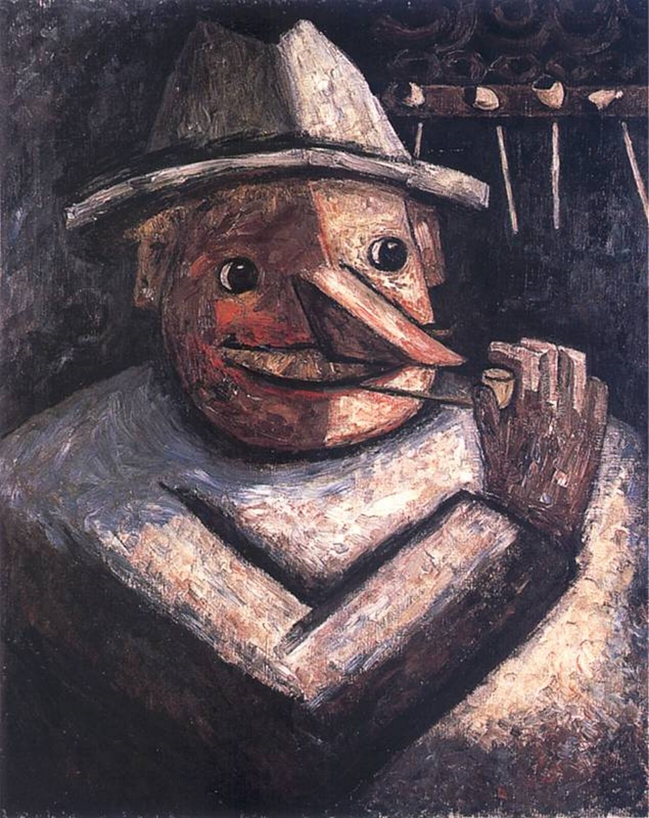 Ilustracja przedstawia obraz pt. „Portret męski z fajkami” autorstwa Tadeusza Makowskiego. Dzieło ukazuje ciężką, klocowatą postać mężczyzny, z długim nosem i nakryciem głowy. Mężczyzna pali fajkę. Po prawej stronie jego głowy widać cztery wiszące na ścianie fajki.