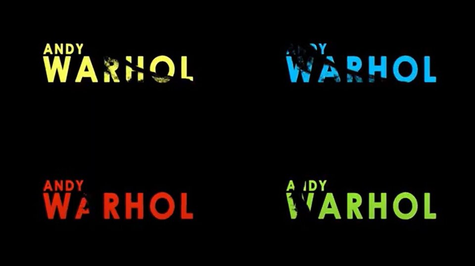 Ilustracja przedstawia napis "Andy Warhol" na czarnym tle. Napis o takiej samej wielkości, jest wykonany cztery razy i umieszczony w czterech rogach. napisy wykonane są w czterech kolorach: żółtym, zielonym, niebieskim, czerwonym.