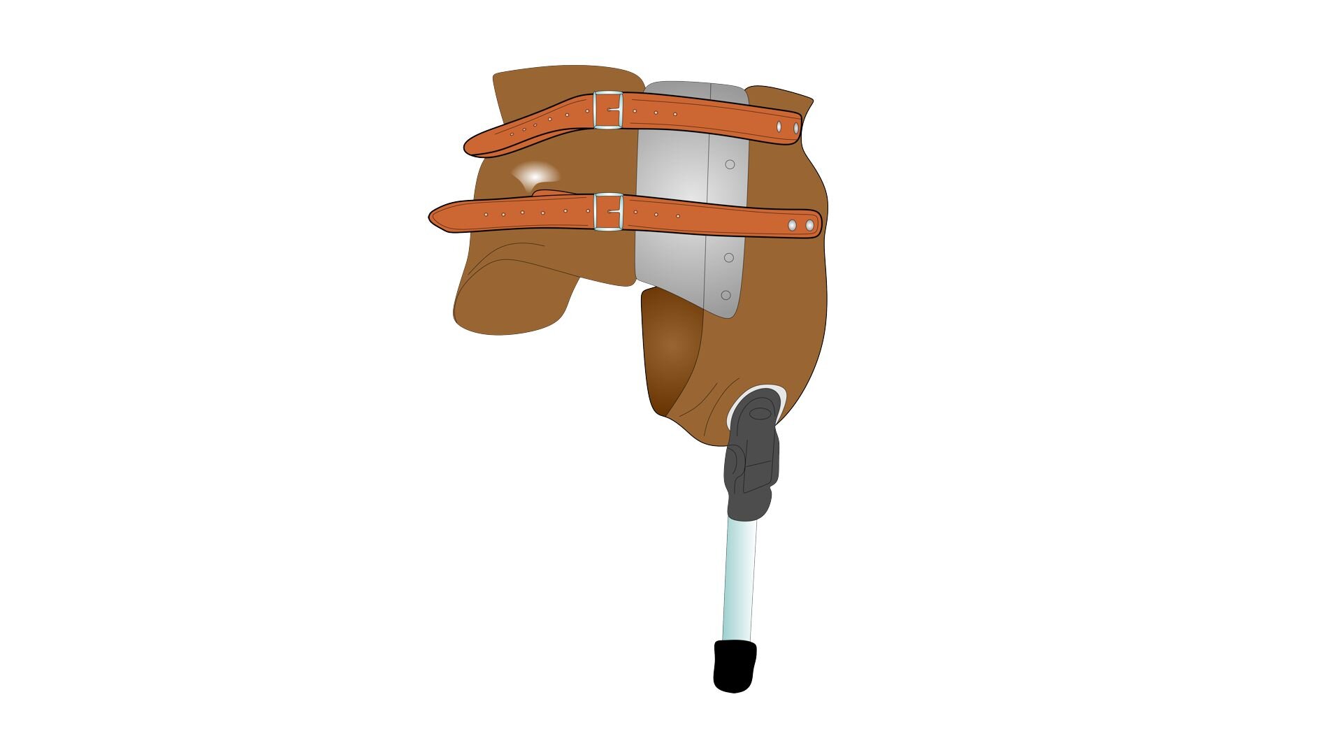 Rycina przedstawia element protezy lewej kończyny dolnej. Proteza składa się ze skórzanych elementów obejmujących cały kikut oraz okolicę pasa po przeciwnej stronie. Zapięcie znajduje się na wysokości środkowej części brzucha. Z części obejmującej kikut wyprowadzona jest metalowa proteza zakończona gumową nakładką. W rejonie pasa proteza jest opięta dwoma skórzanymi paskami. Na wysokości górnego paska wykonano wcięcia wypadające nad talerzami biodrowymi użytkownika. 