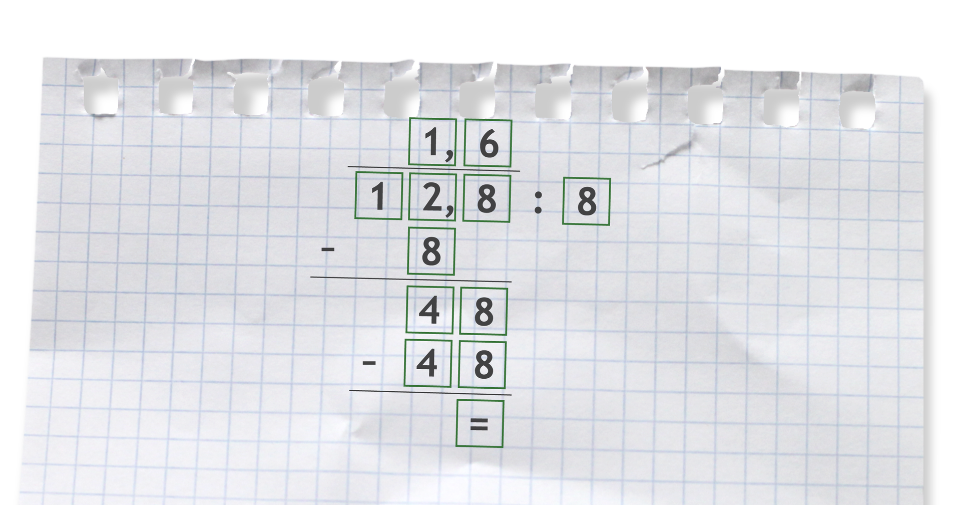 Przykład dzielenia pisemnego: 12,8 dzielone przez 8. Liczba 8 mieści się w liczbie 12 jeden raz, więc nad cyfrą 2 w dzielnej zapisano liczbę 1, a pod nią zapisano liczbę 8 . Różnica liczb 12 i 8 to 4. Do liczby 4 dopisano następną cyfrę dzielnej, czyli 8 . Liczba 8 mieści się w liczbie 48 sześć razy, więc nad cyfrą 8 w dzielnej zapisano cyfrę 6. W wierszu wyniku podstawiono przecinek nad przecinkiem dzielnej. Otrzymany wynik to 1,6 .