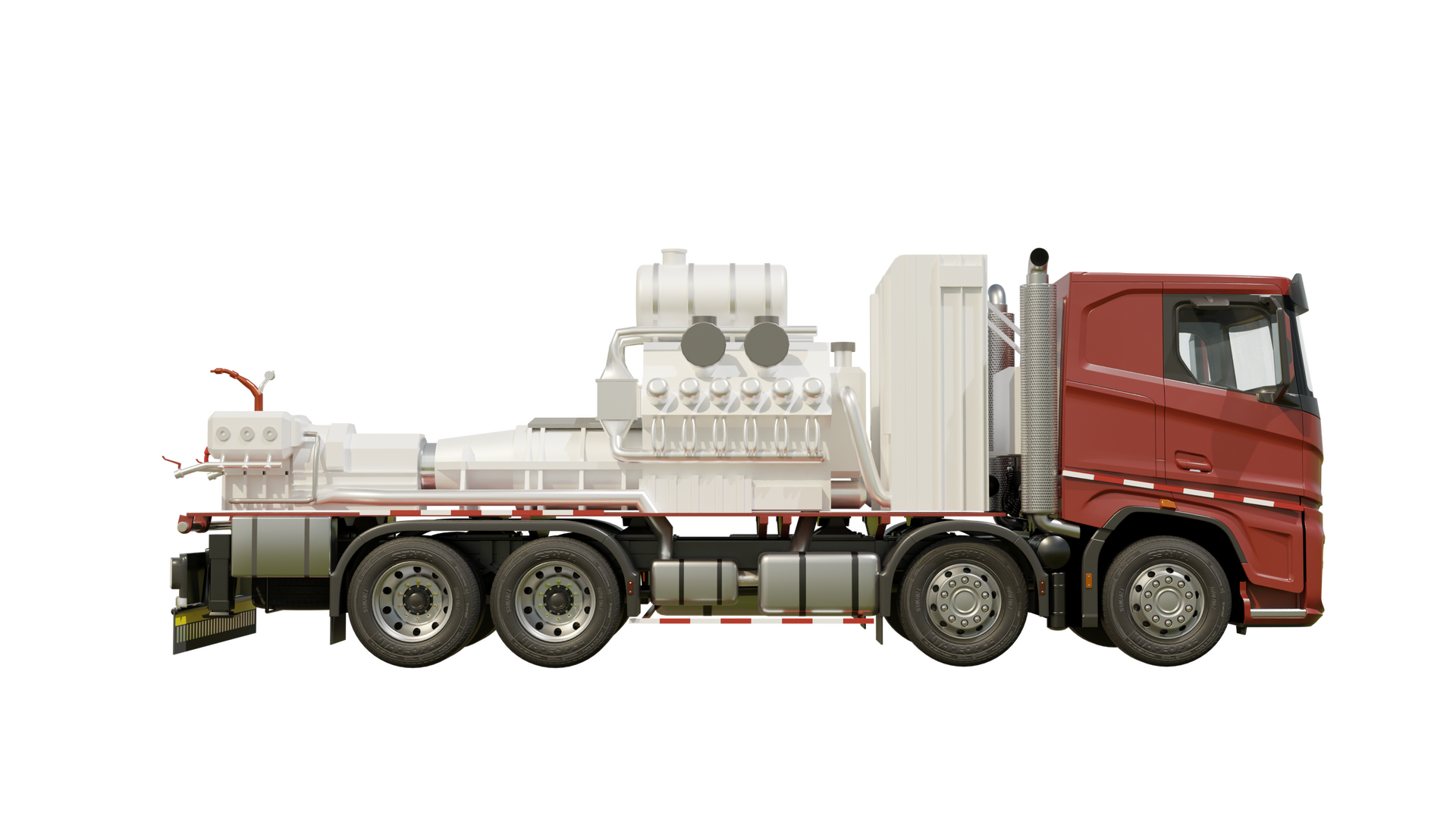 Na zdjęciu widać animowany agregat pompowy na podwoziu ciągnika siodłowego. Centralnym elementem zdjęcia jest biały agregat pompowy. Agregat jest zamontowany na podwoziu ciągnika siodłowego za czerwona kabiną kierowcy. Agregat z wyglądy przypomina duży silnik. Środkowa cześć agregatu ma kształt podłużnego cylindra. Na końcu urządzenia znajduje się element przypominający mniejszy silnik do którego biegnie biała rura.