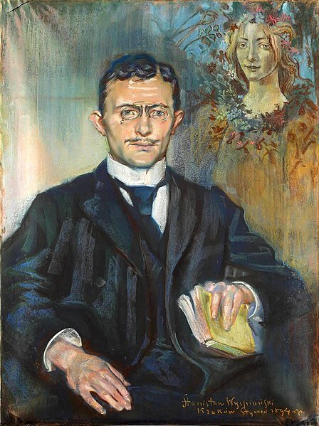 Obraz przedstawia młodego, siedzącego mężczyznę. Ma on szczupłą twarz, wydatny nos, niewielkie wąsy. Na nosie ma binokle. Jego ciemne, krótkie włosy są zaczesane na prawo. Mężczyzna trzyma w lewej dłoni książkę. Ubrany jest w koszulę i garnitur, pod szyją ma zawiązany krawat. Za mężczyzną, w tle po prawej stronie znajduje się postać stojącej, młodej kobiety. Z kwiatami we włosach i ukwieconej sukni.