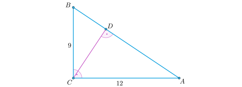 Ilustracja przedstawia trójkąt prostokątny A B C. Przyprostokątna A C ma miarę 12 jednostek, a przyprostokątna B C ma miarę 9 jednostek. Z wierzchołka C upuszczono wysokość tworzącą z przeciwprostokątną punkt D.