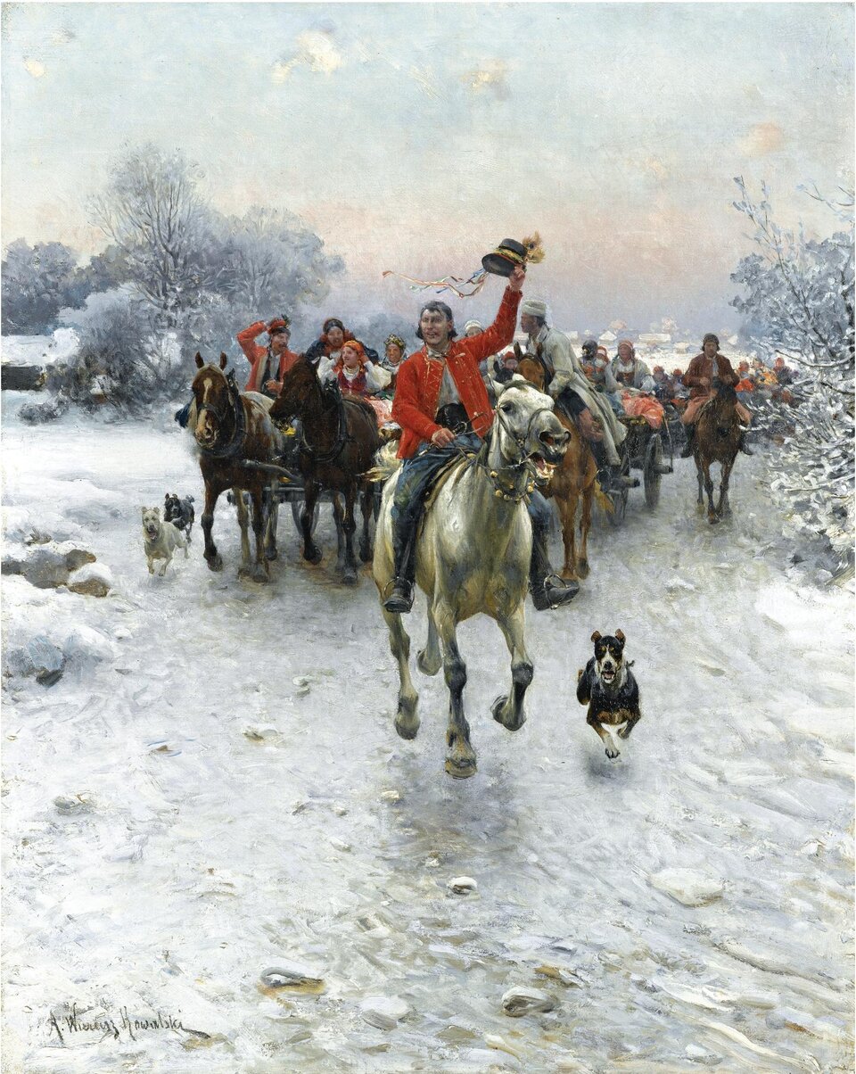 Obraz ukazuje wiejski orszak weselny w zimowym krajobrazie. Na czele jedzie mężczyzna na galopującym koniu. W lewej dłoni (prawej od strony patrzącego) trzyma uniesioną do góry czapkę ozdobioną kolorowymi wstążkami. Mężczyzna ma na sobie czerwony kubrak. Obok konia biegnie mały pies. Za mężczyzną jadą wozy, w których siedzą kobiety i mężczyźni. Wozy ciągną konie. Na tle śniegu orszak wyróżnia się kolorystyką. Po dwóch stronach jadących gości rosną drzewa. Są oszronione.