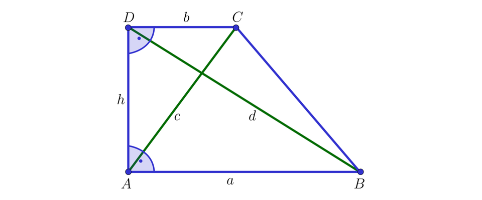 Na ilustracji przedstawiono trapez prostokątny A B C D. Dolną podstawę A B oznaczono literą a, natomiast górną podstawę C D oznaczono literą b. Bok A D oznaczono h. Poprowadzono przekątną A C, oznaczoną literą c, oraz przekątną B D, oznaczoną literą d.