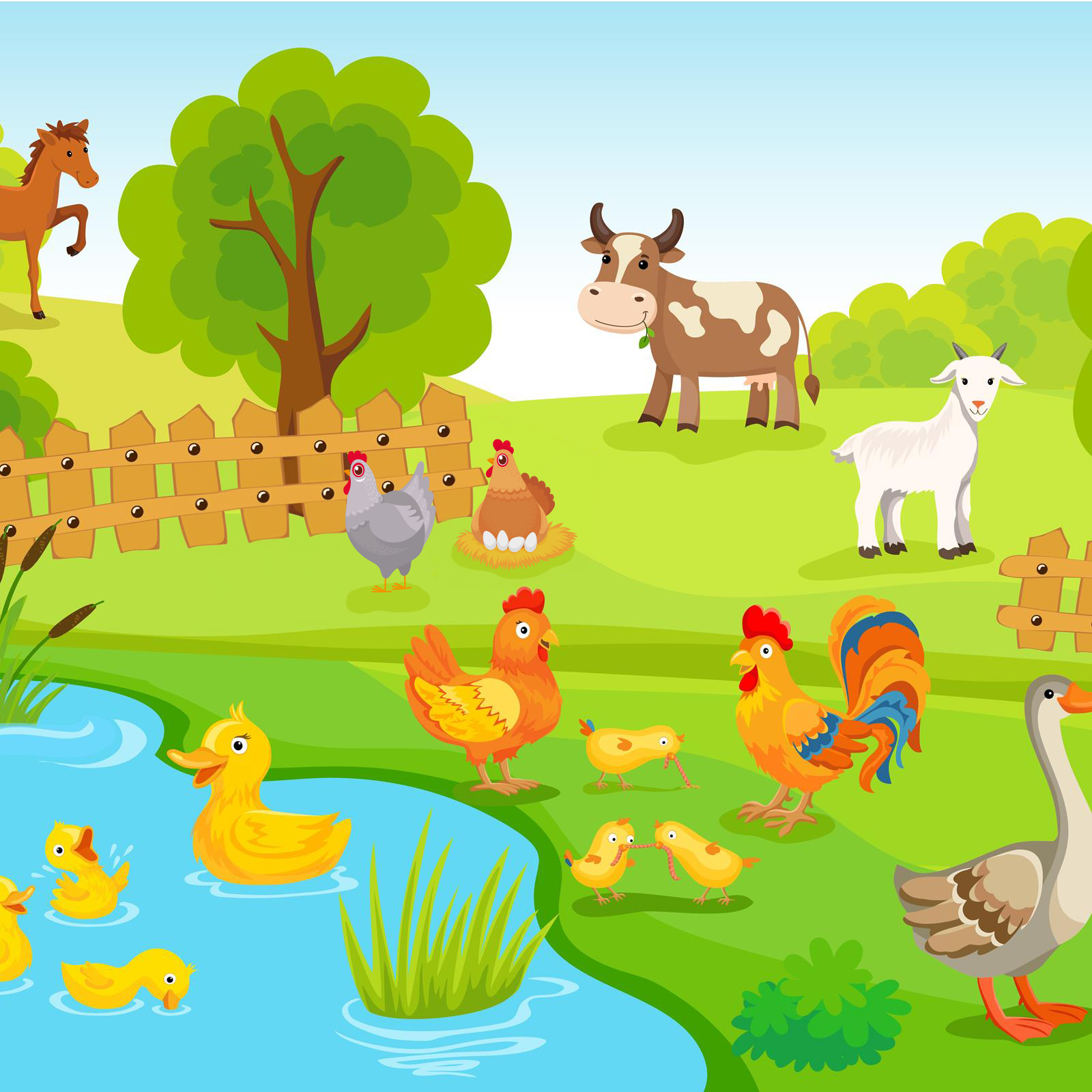 Ilustracja przedstawia wiejską zagrodę, w której widoczne są owce, koń, krowa, koza, kura i kogut z kurczaczkami i gęś. Po stawie pływa kaczka z kaczątkami.