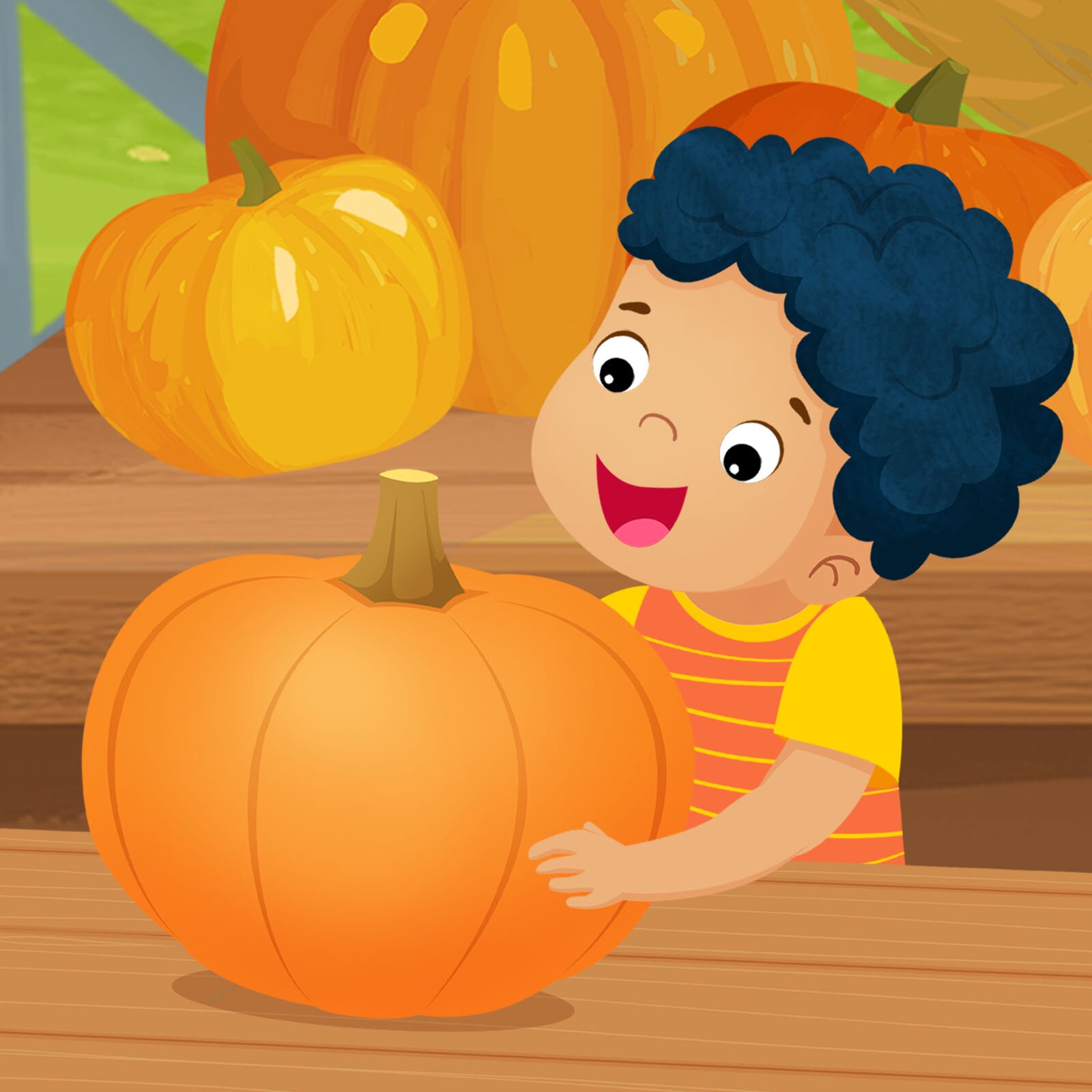 Ilustracja przedstawia stoisko z dyniami. Na pierwszym planie chłopiec trzyma dynię. 