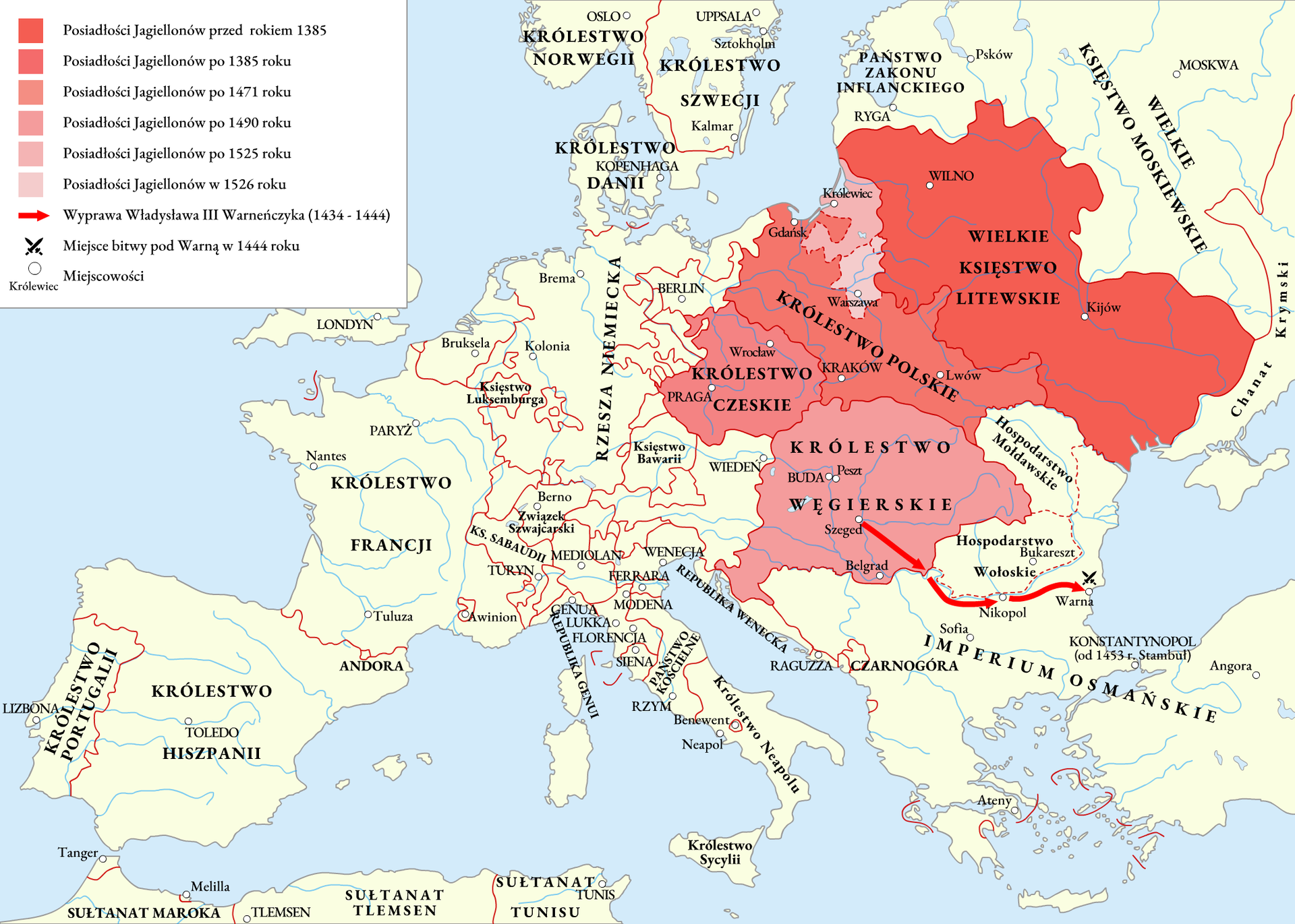 Ilustracja przedstawia mapę Europy z zaznaczonymi na niej posiadłościami Habsburgów i Jagiellonów przed 1526 rokiem. Stosując różne cieniowanie wskazano pod rządami Jagiellonów na terytorium unii polsko‑litewskiej od 1385 roku, obszar przyłączenia Prus Królewskich w 1466 roku, a potem Prus Książęcych w 1525 roku, w końcu Mazowsza w 1526 roku. Pokazano Królestwo Czeskie, które Jagiellonowie zajęli w 1471 roku i Królestwo Węgierskie pod władzą Jagiellonów od 1490 roku. Osobnym kolorem zaznaczono posiadłości Habsburgów: Austrię, Bawarię, Burgundię, Hiszpanię, Luksemburg, Neapol, Niderlandy, Sardynię i Sycylię. Na mapie zaznaczono przebieg krucjaty antytureckiej Władysława III Warneńczyka, idącej z Szegedu do Nikopola pod Warnę w 1444 roku. 