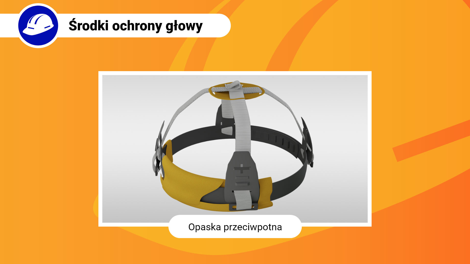 Zdjęcie w ramce z podpisem: opaska przeciwpotna. Przedstawia opaskę przeciwpotną dostosowaną do kształtu głowy. Opaska składa się z regulowanej obręczy i dwóch regulowanych taśm.