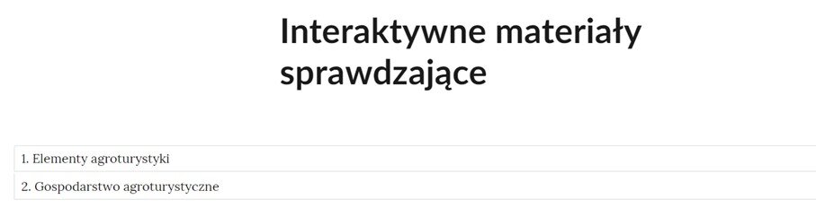 Grafika przedstawia widok interaktywnego materiału sprawdzającego, czyli zbioru poszczególnych zadań w formie listy z nazwami zadań, gdzie po kliknięciu w nazwę zadania pojawi się jego zawartość.