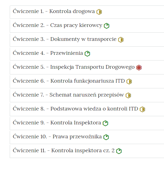 Zrzut ekranu przedstawia przykładowy wygląd zakładek z interaktywnymi materiałami sprawdzającymi. Widoczne jest dziewięć zakładek z ćwiczeniami, na każdej zakładce jest numer ćwiczenia i jego tytuł. Po tytule widać symbol poziomu trudności danego ćwiczenia. Przykład tekstu na pasku zakładki. Ćwiczenie 1 myślnik Kontrola drogowa.