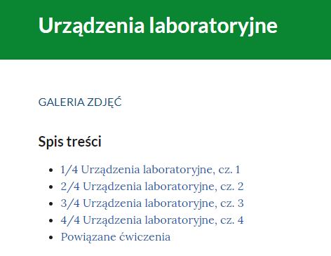 Zdjęcie przedstawia spis treści z galerii. Składa się on z trzech punktów, które są zatytułowane "urządzenia laboratoryjne, cz.1, cz. 2, cz. 3".